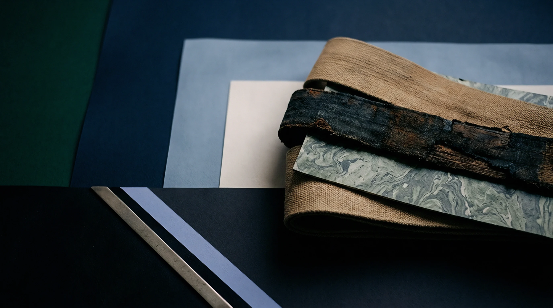 Woven linen tapes rest alongside marbled paper sheets and textured fabric swatches upon layered production surfaces within a material archive.