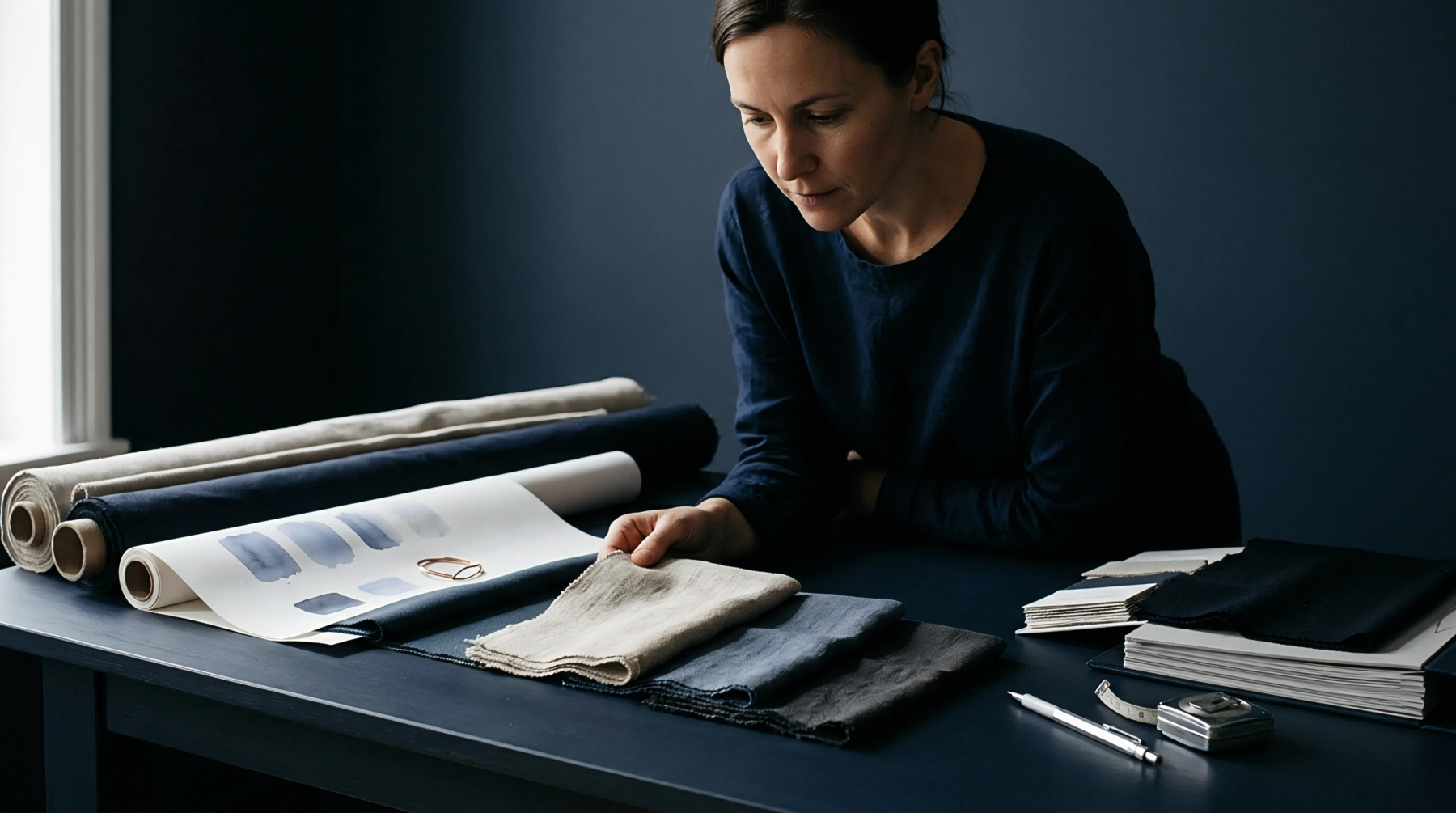 An artisan leans over a dark workspace inspecting woven linen swatches alongside raw fiber rolls and watercolor color reference cards.