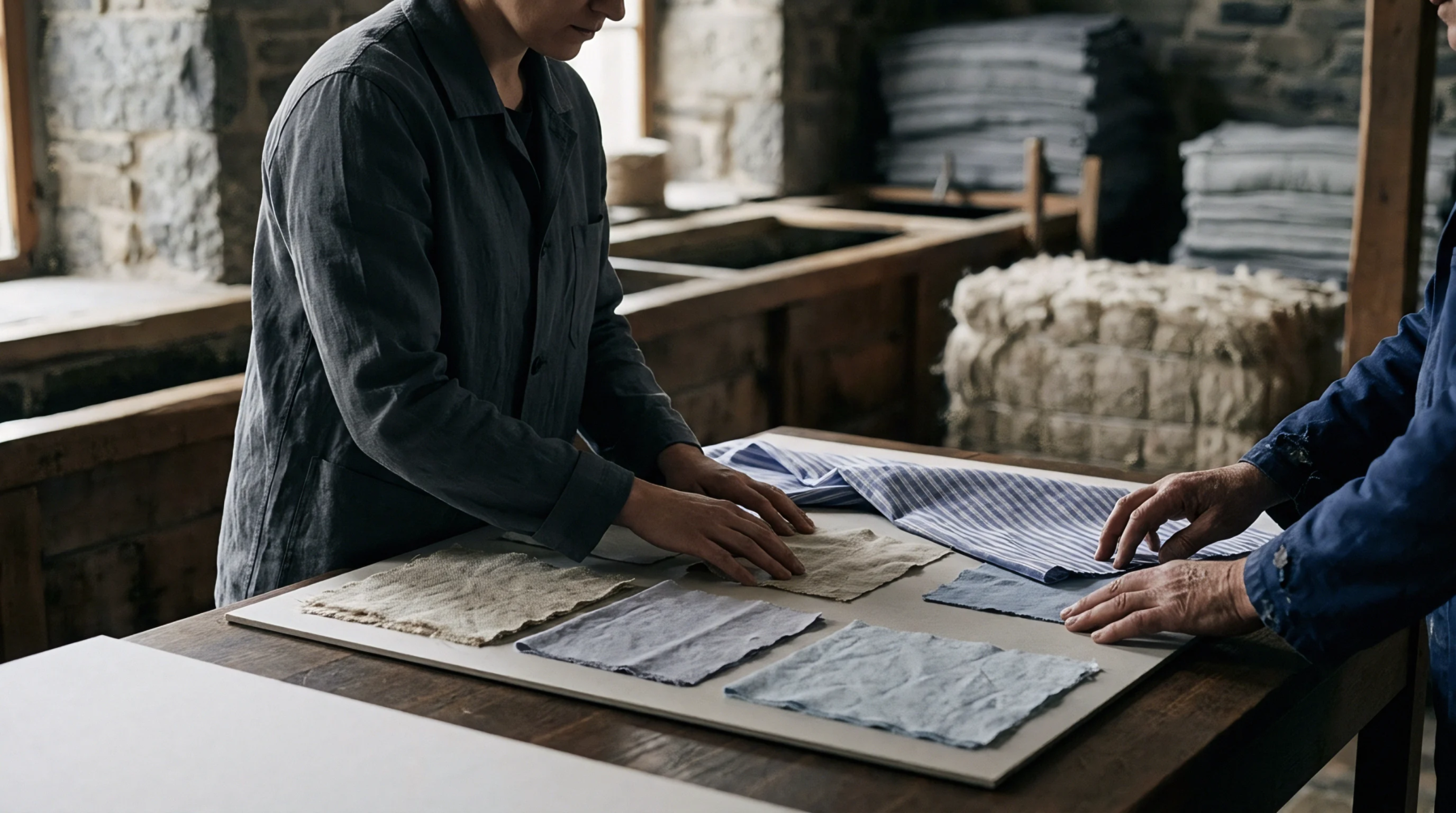 Two textile specialists carefully examine an array of woven fabric swatches spread across a light board on a wooden workbench.