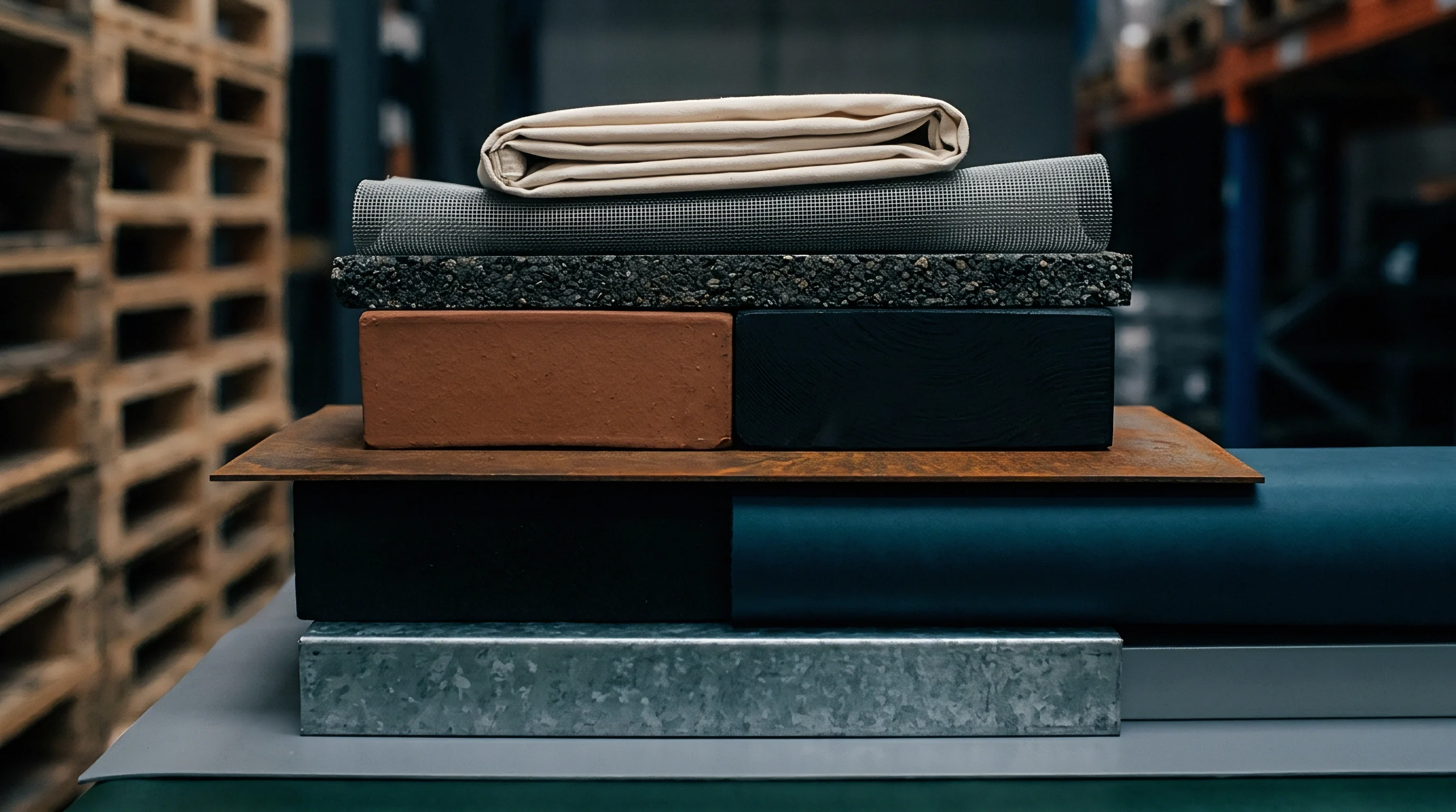 A stacked assembly of industrial substrates includes folded woven fabric on top resting above mesh wood brick metal and varied composite building materials.