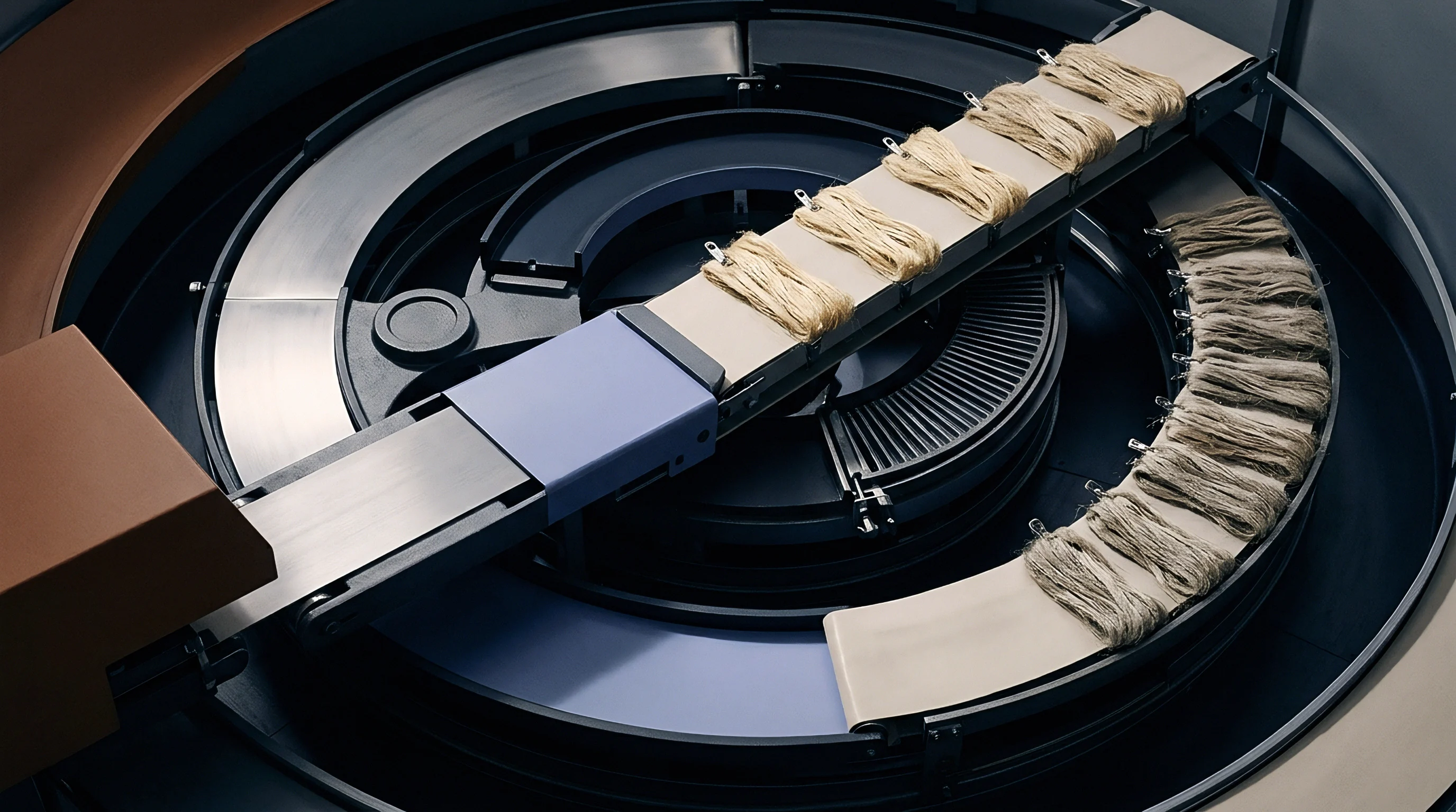 Raw flax fibre slivers are clamped in metal holders along a rotating industrial circular conveyor inside a textile manufacturing facility.