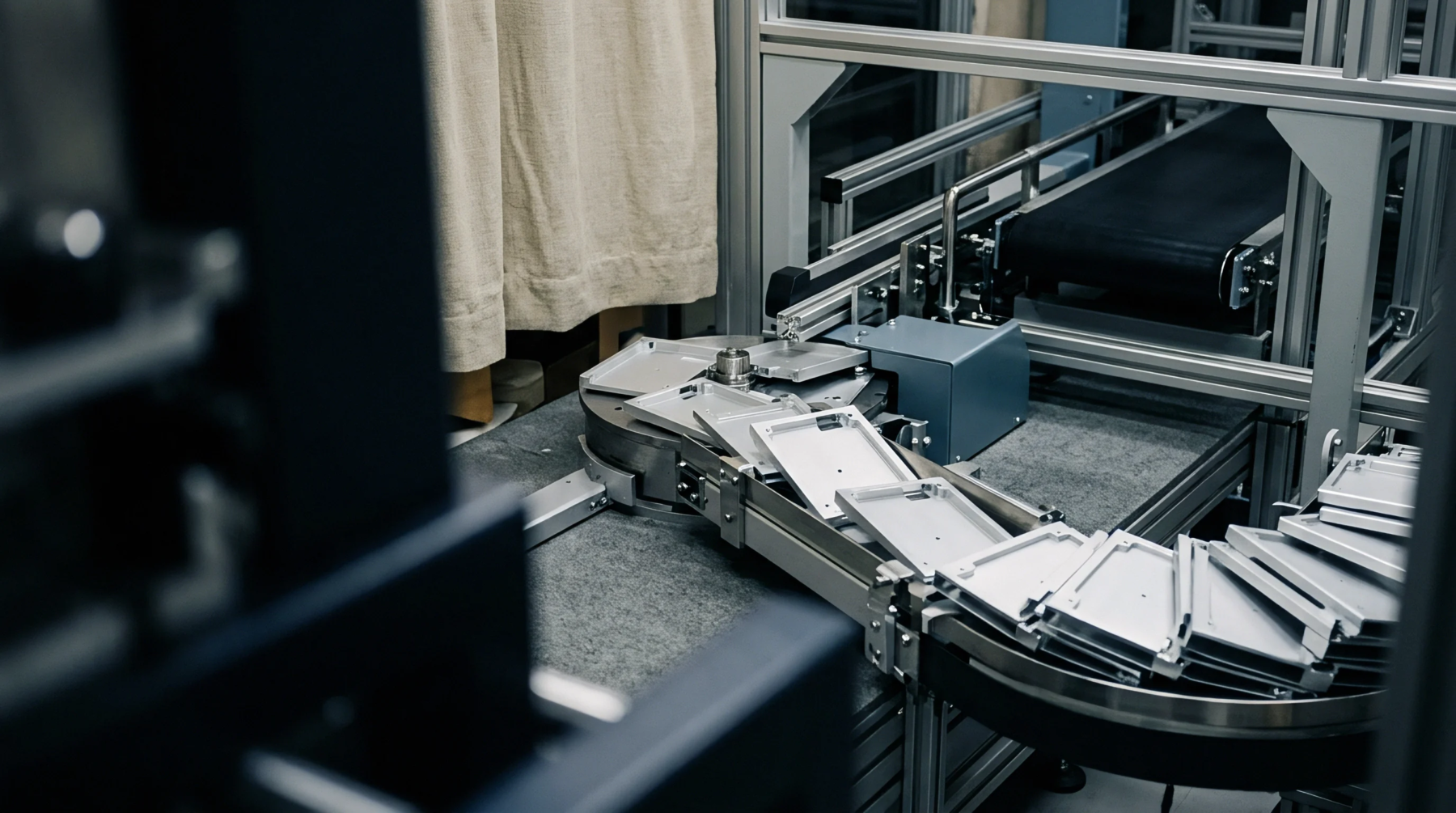 Precision metal components travel along an automated curved conveyor system inside a modern industrial manufacturing facility.