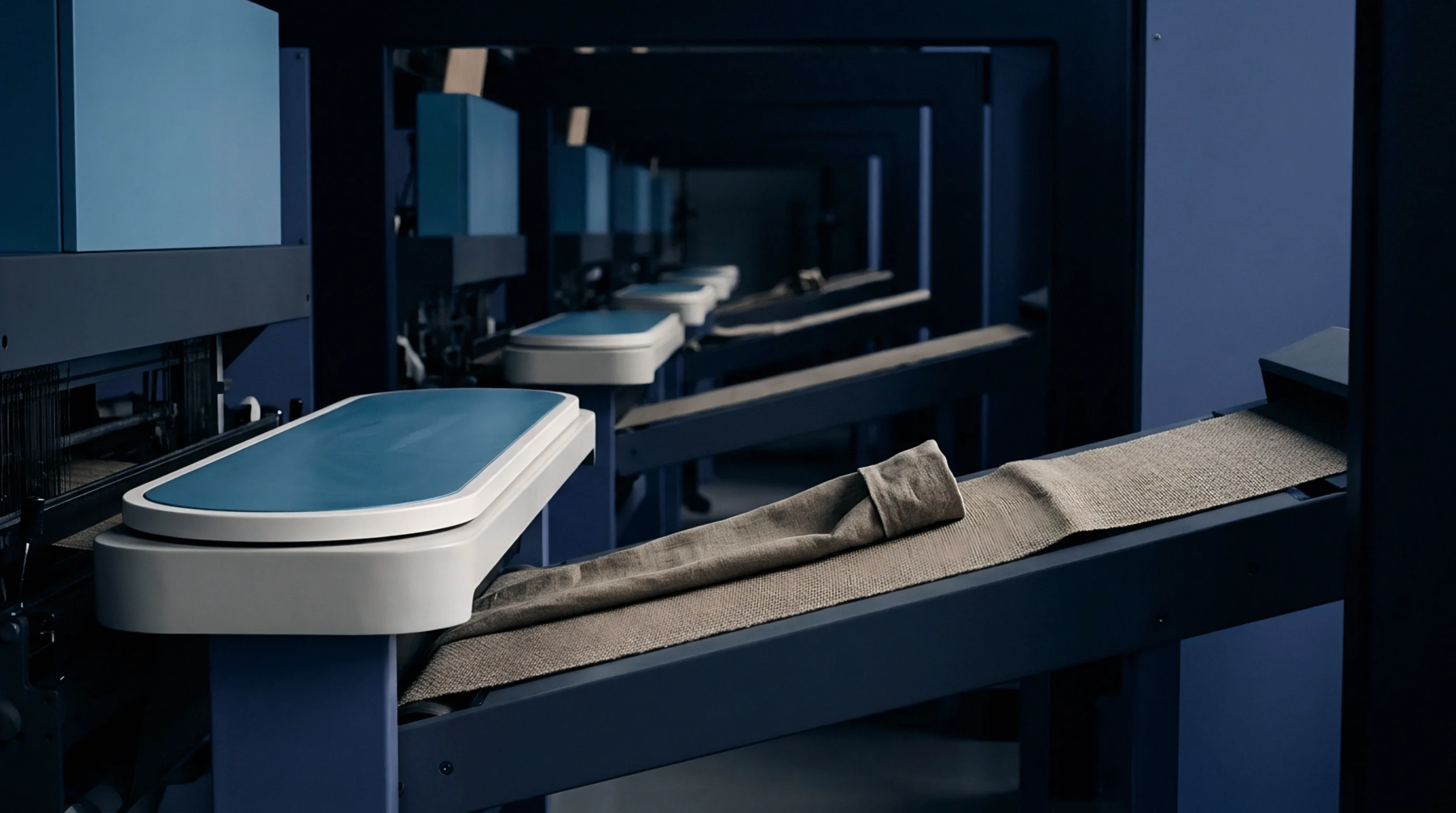 Consecutive textile manufacturing units process a continuous woven fabric web along an automated industrial conveyor belt inside a factory.