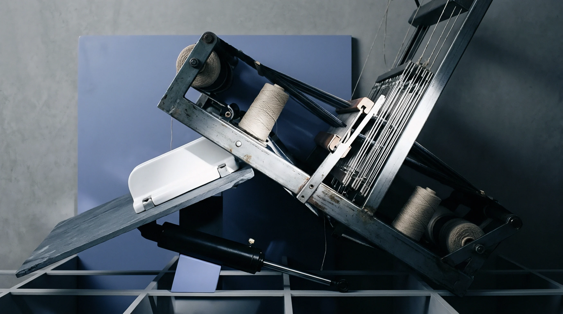 Wound yarn spools rest within a slanted metal loom frame mounted on a modular grid table during laboratory textile testing.