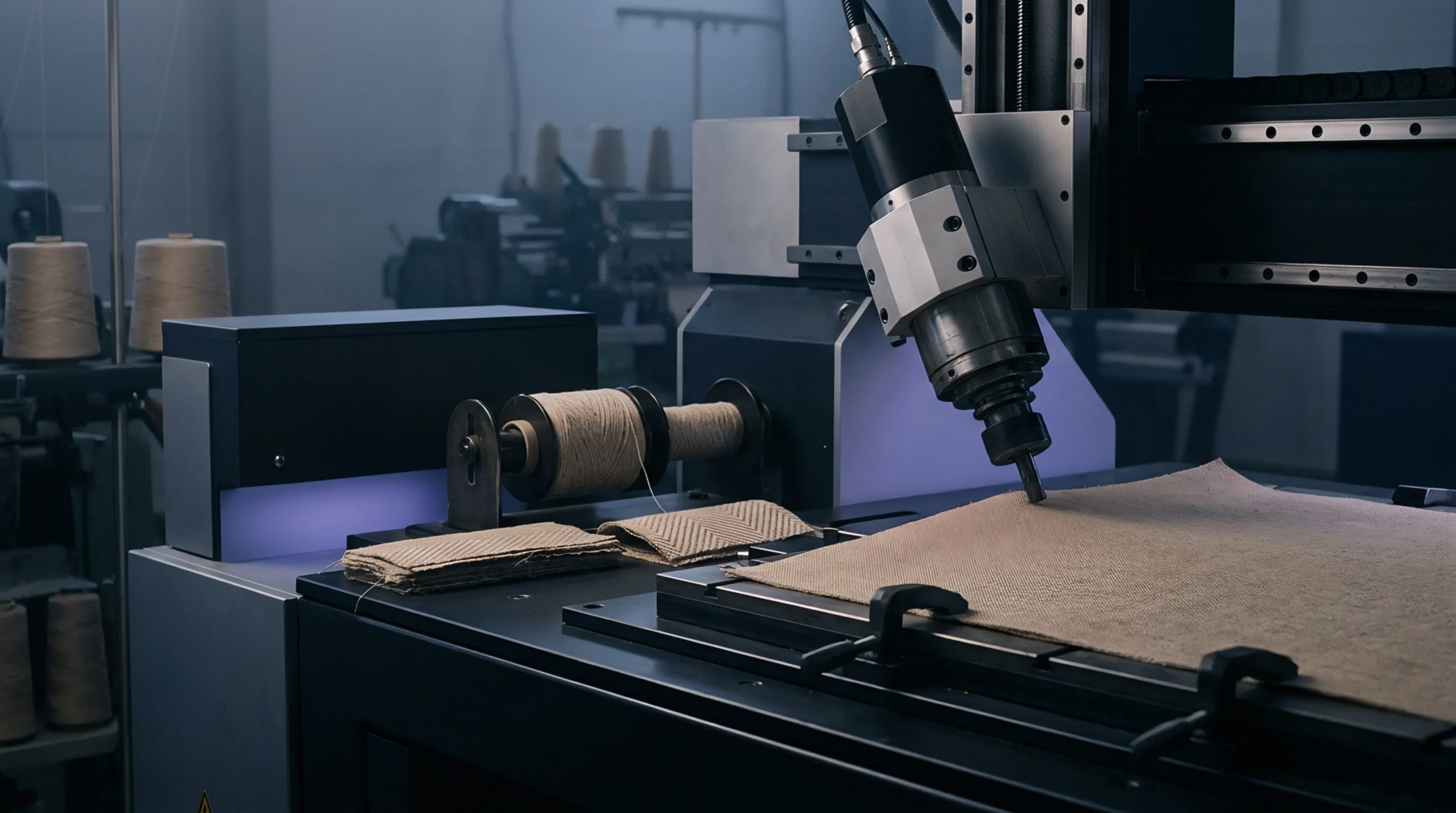 An industrial production machine head applies precision stitches to a sheet of natural flax canvas secured on a black metal platform.