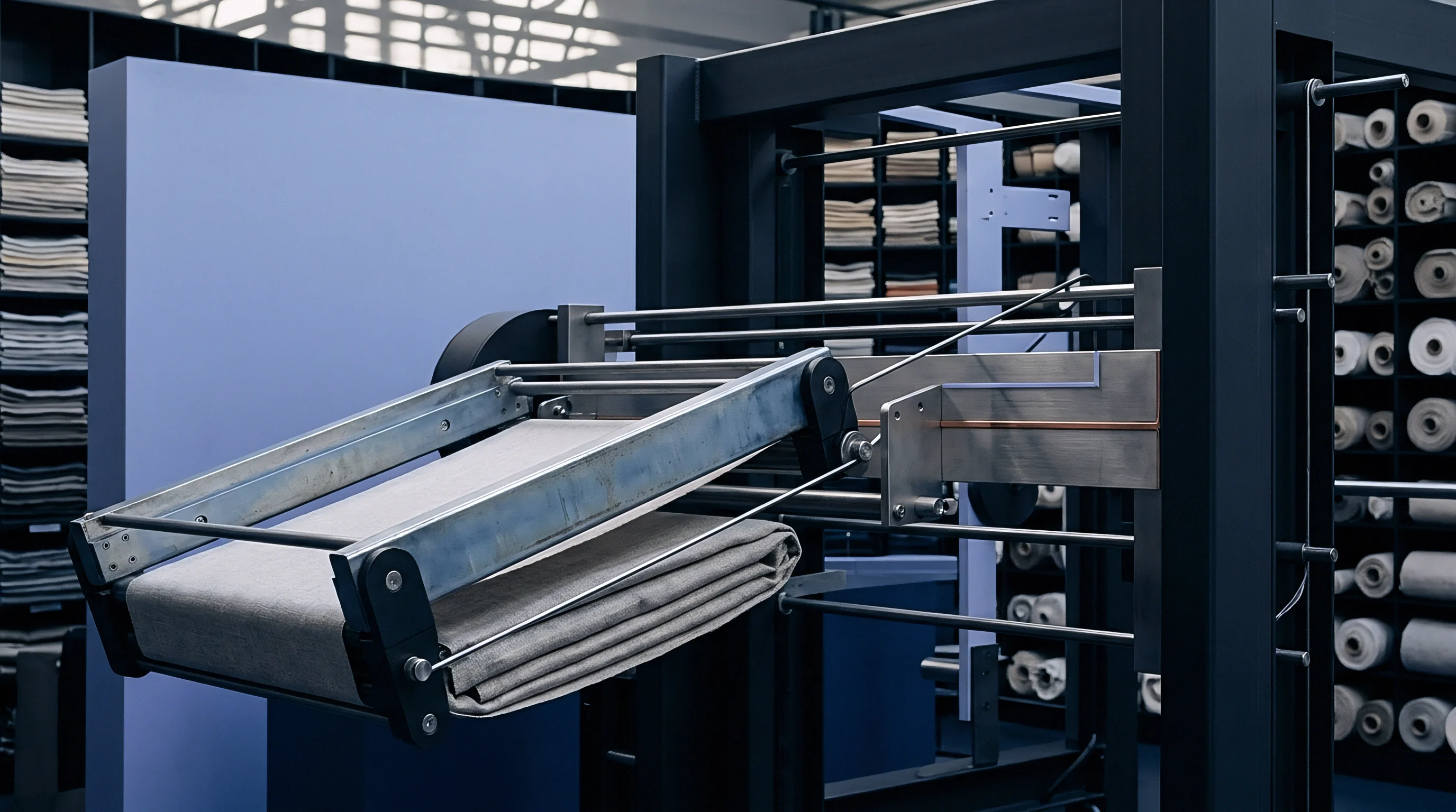 A grey woven cloth is neatly folded on an inclined conveyor belt within an industrial textile production and storage environment.