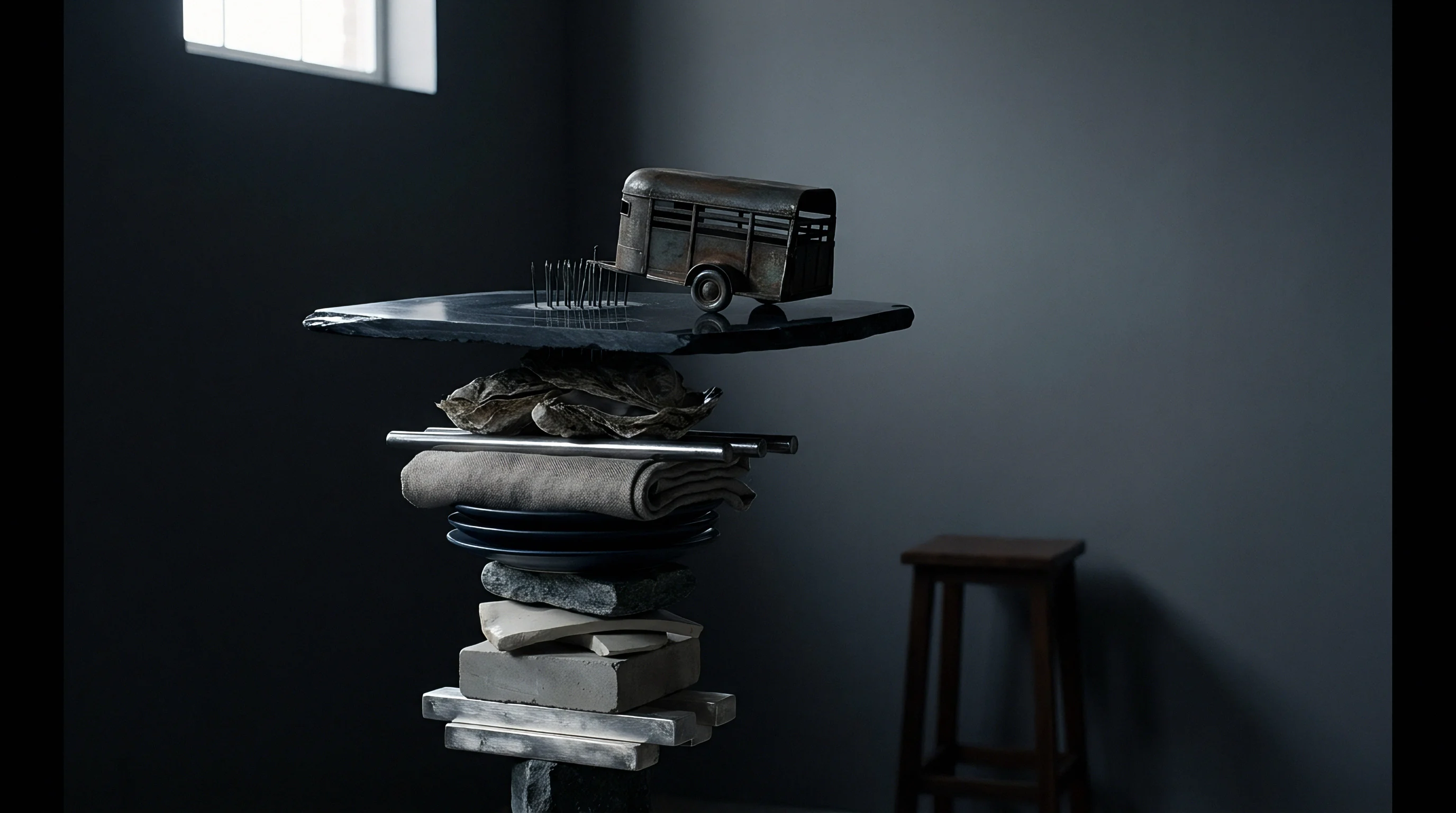 Folded grey woven cloth sits beneath stone slabs and a metal toy truck atop a dark grey studio table.