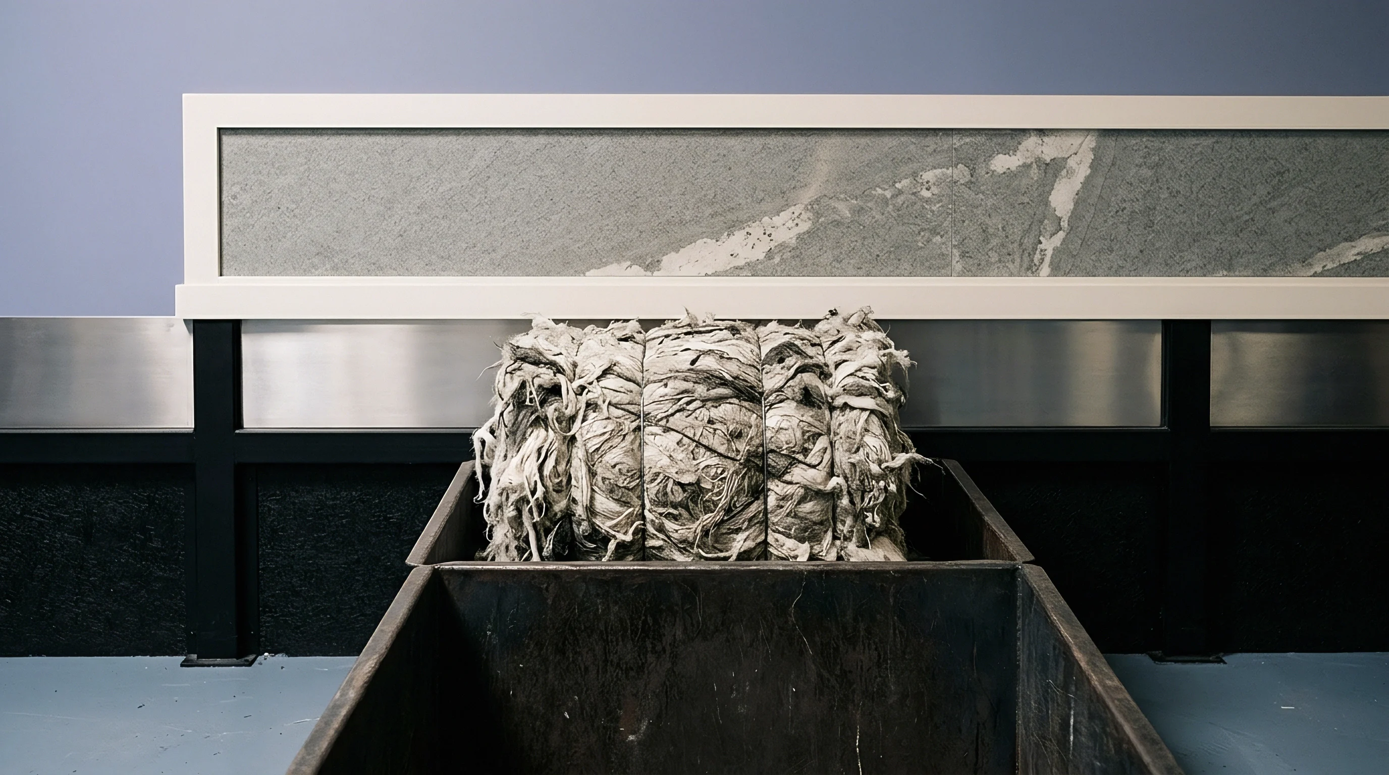 A compressed bale of raw flax fibre sits inside a heavy metal bin within a textile processing facility.