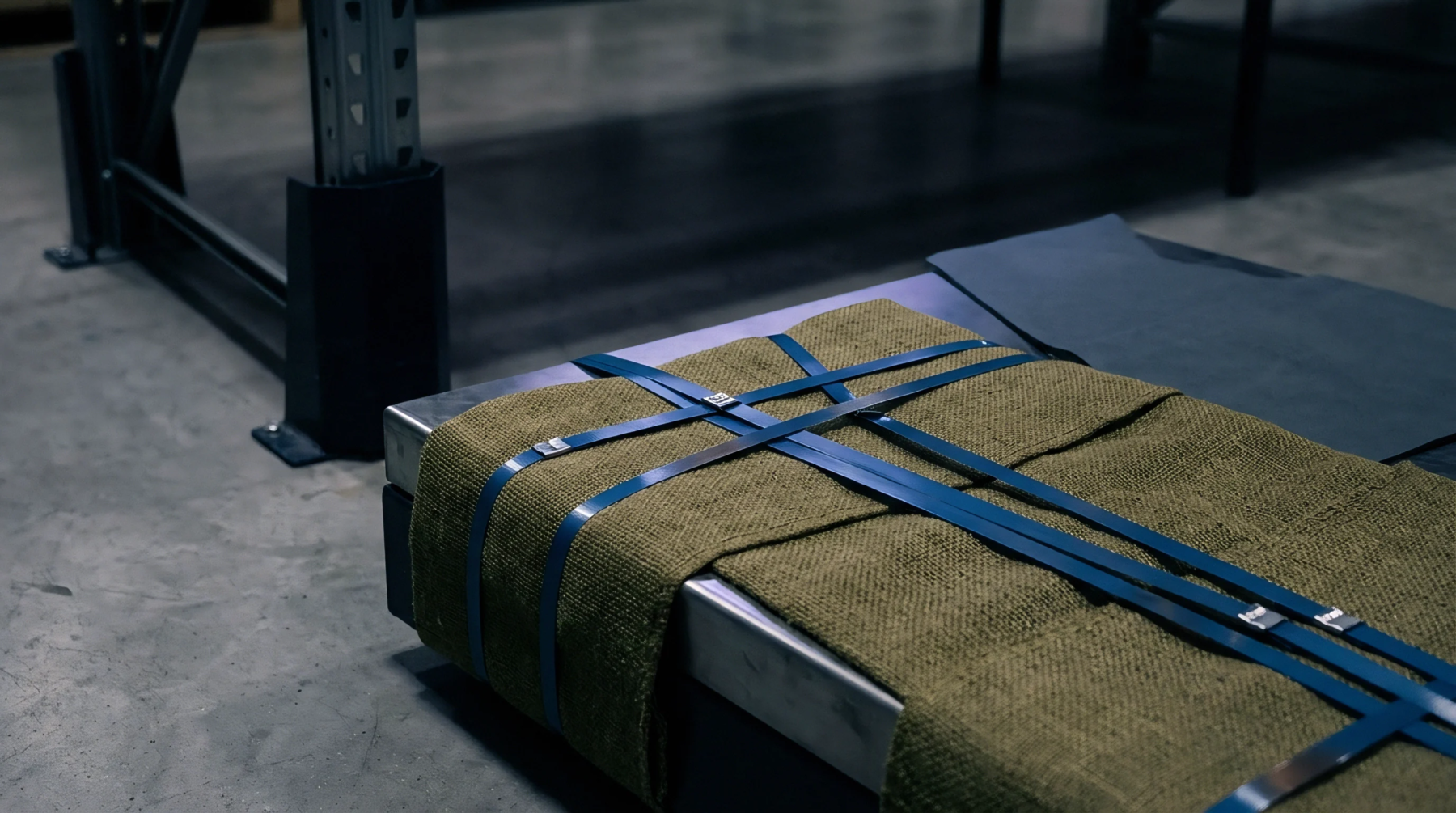 Heavy vegetable fiber fabric secured with metal straps rests on a metal pallet inside an industrial warehouse facility.