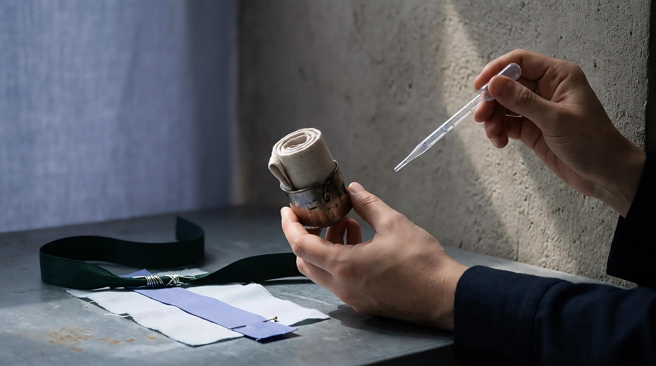 An analyst inspects a rolled linen fabric sample inside a metal container using a pipette above a workshop table.
