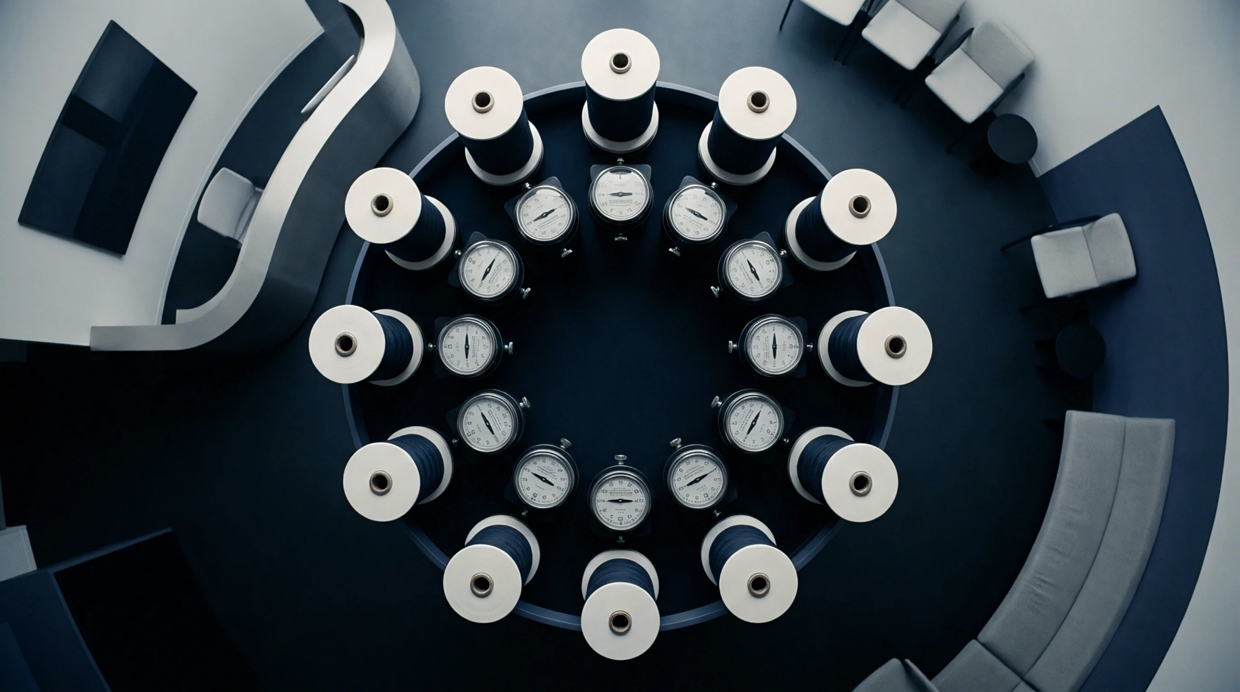 Radial yarn packages and mechanical tension meters mount vertically upon a dark circular frame inside a production facility.