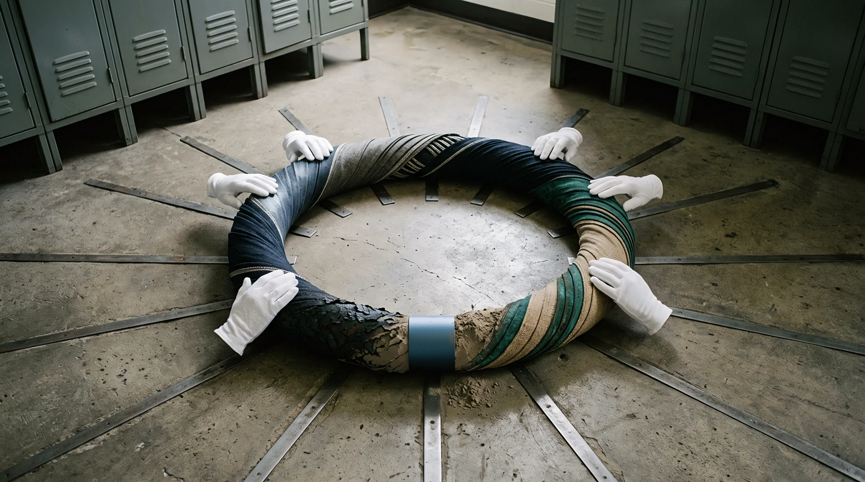 Six gloved hands position a segmented textile ring made of diverse fibers and waste materials on a concrete factory floor.