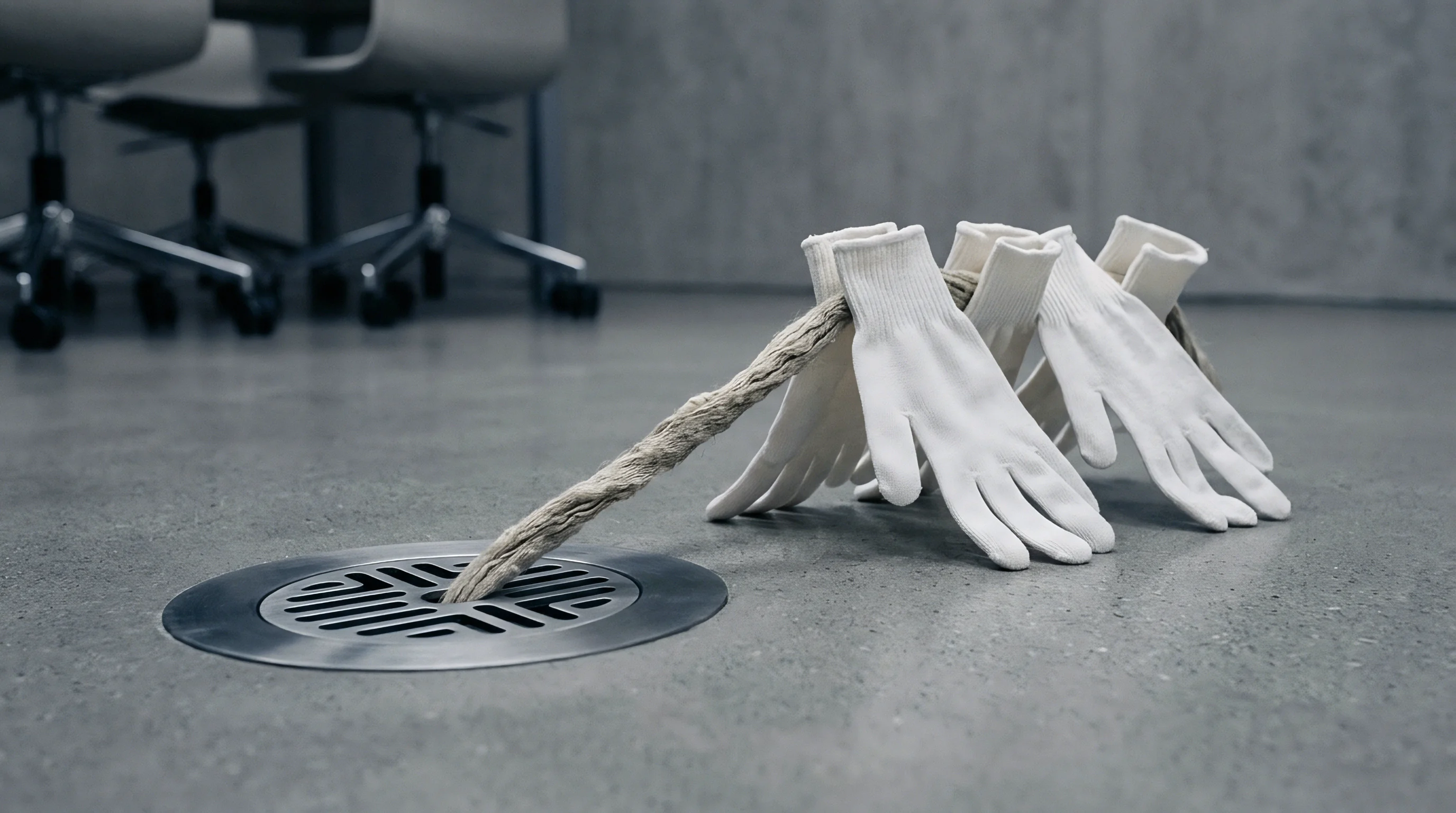 White knit gloves grip a thick twisted natural flax rope that leads into a circular metal floor drain within a grey industrial space.