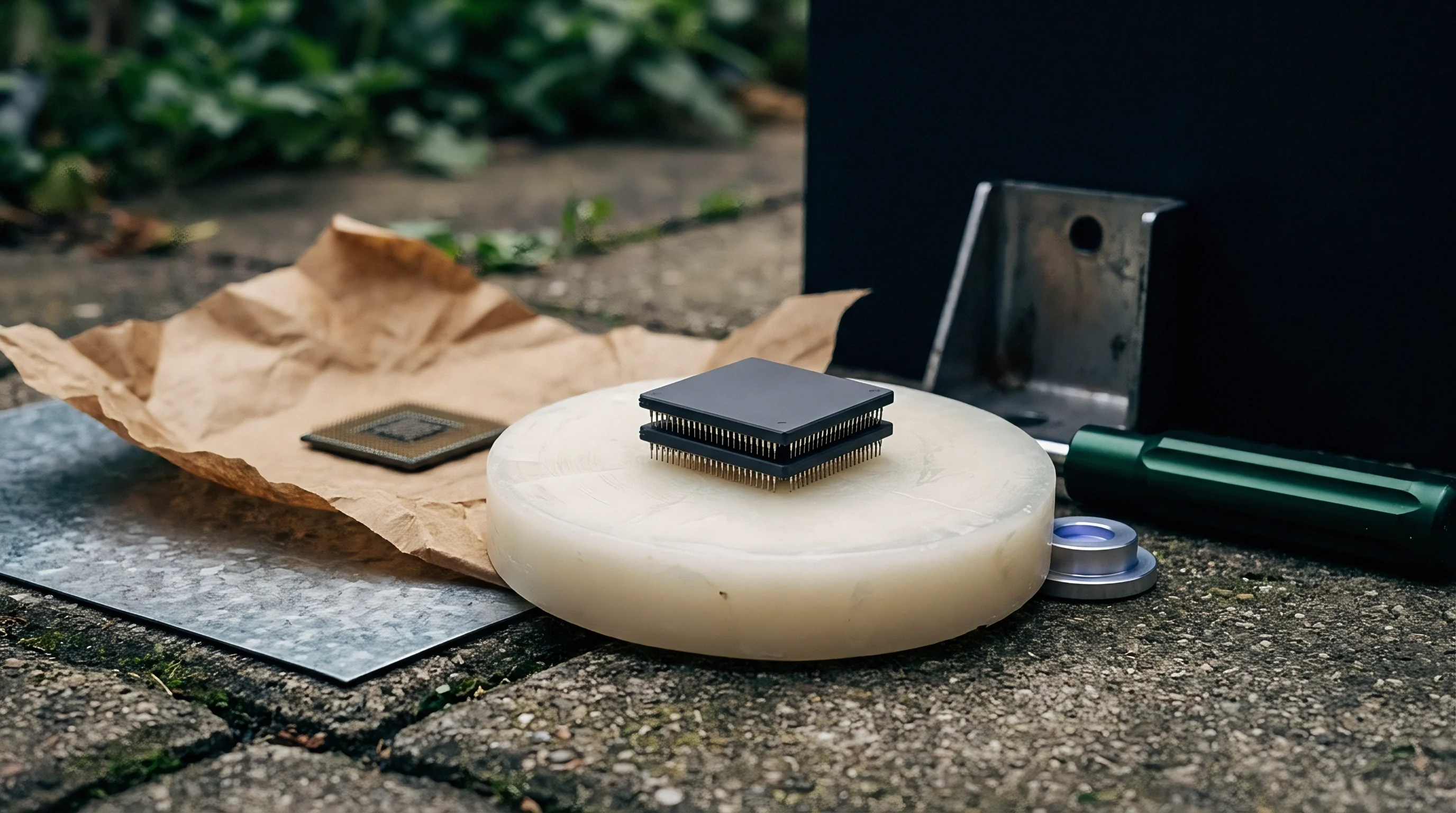 Several integrated circuits and tools are arranged on a textured stone surface with foliage, suggesting components of a production environment.
