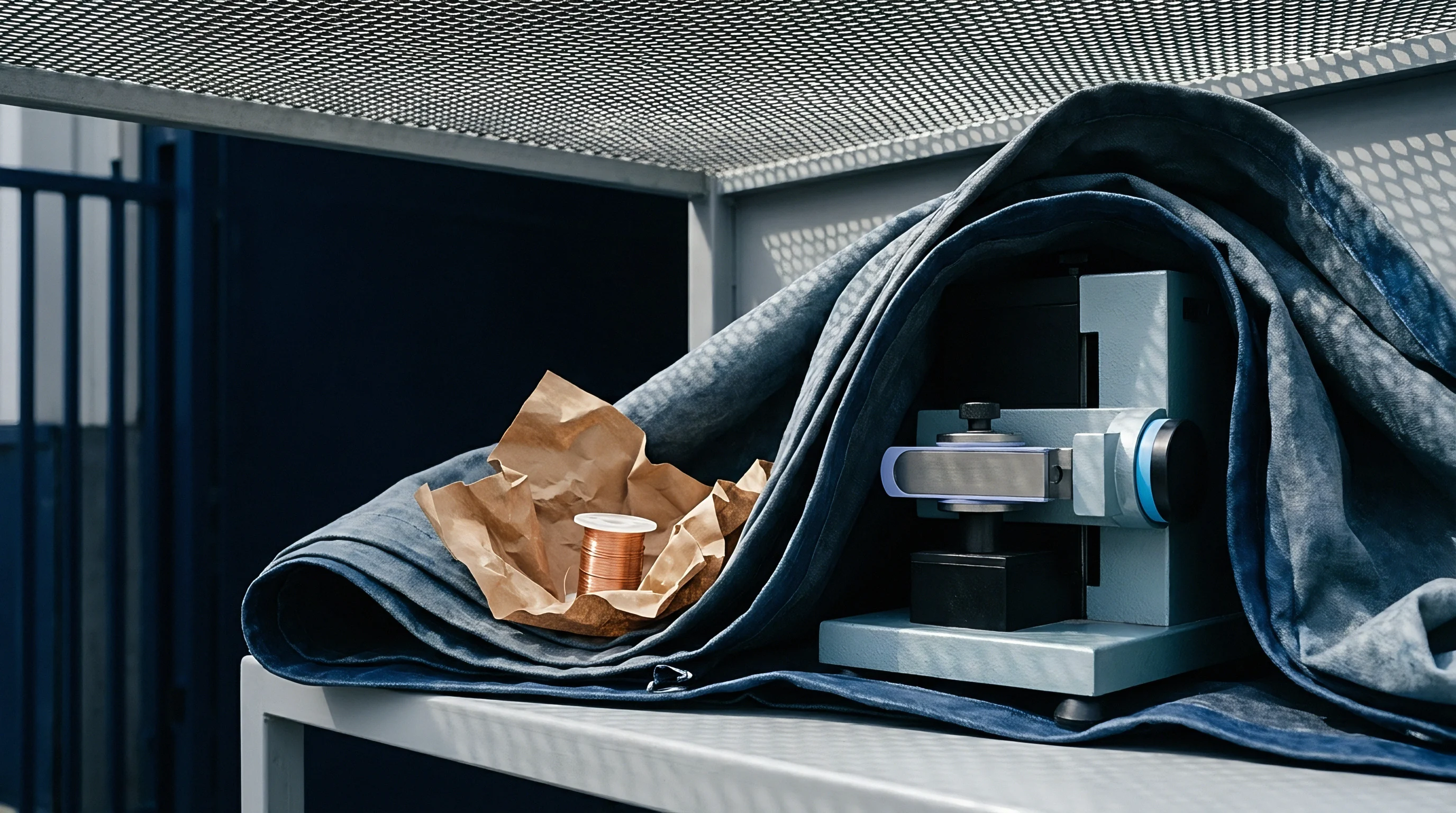 Dark indigo woven cloth drapes over precision machinery beside a small copper wire spool resting on brown paper inside an industrial storage unit.