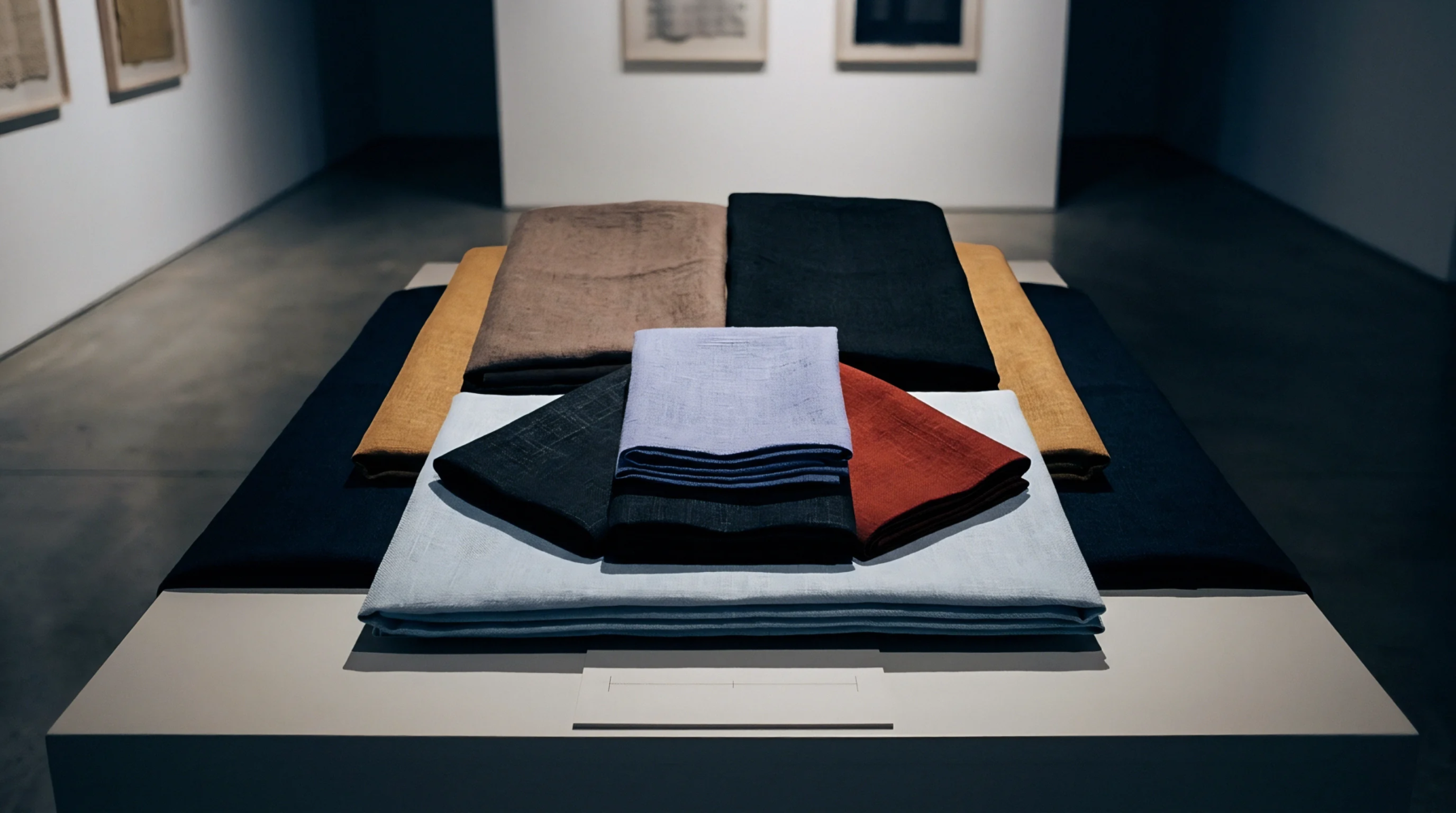 Folded pieces of woven flax cloth rest on a white display table inside a textile gallery.