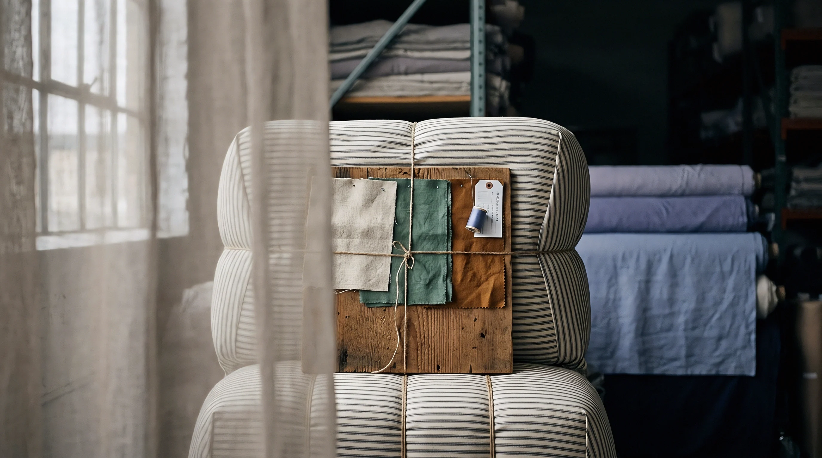 Unbleached linen swatches in neutral and earthen tones rest on a wooden board atop striped upholstery inside a textile workshop.