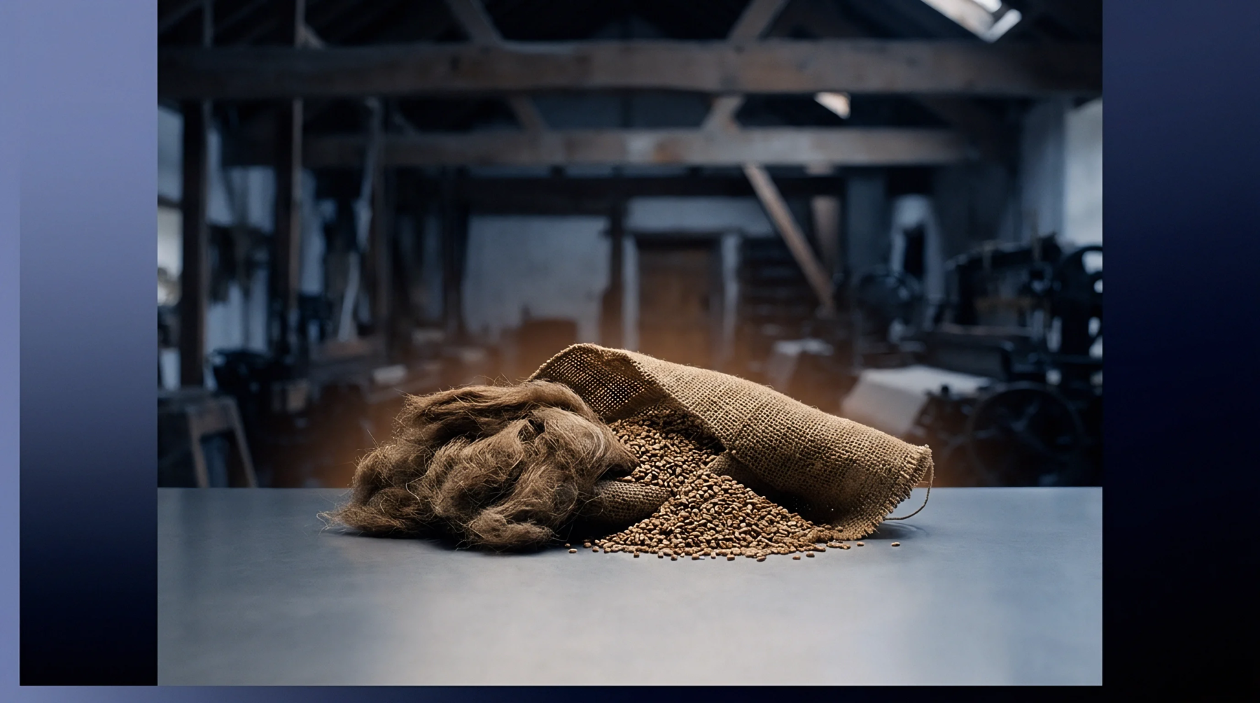 Digital illustration of a burlap sack spilling flax seeds beside raw bast fiber on an industrial workshop table.