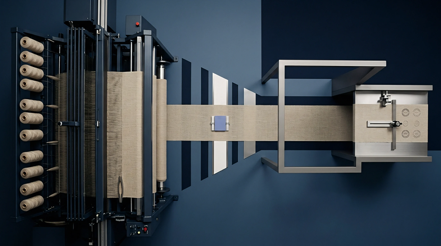 Natural flax yarn unwinds from vertical creels into a woven textile web moving horizontally across a solid blue production backdrop.