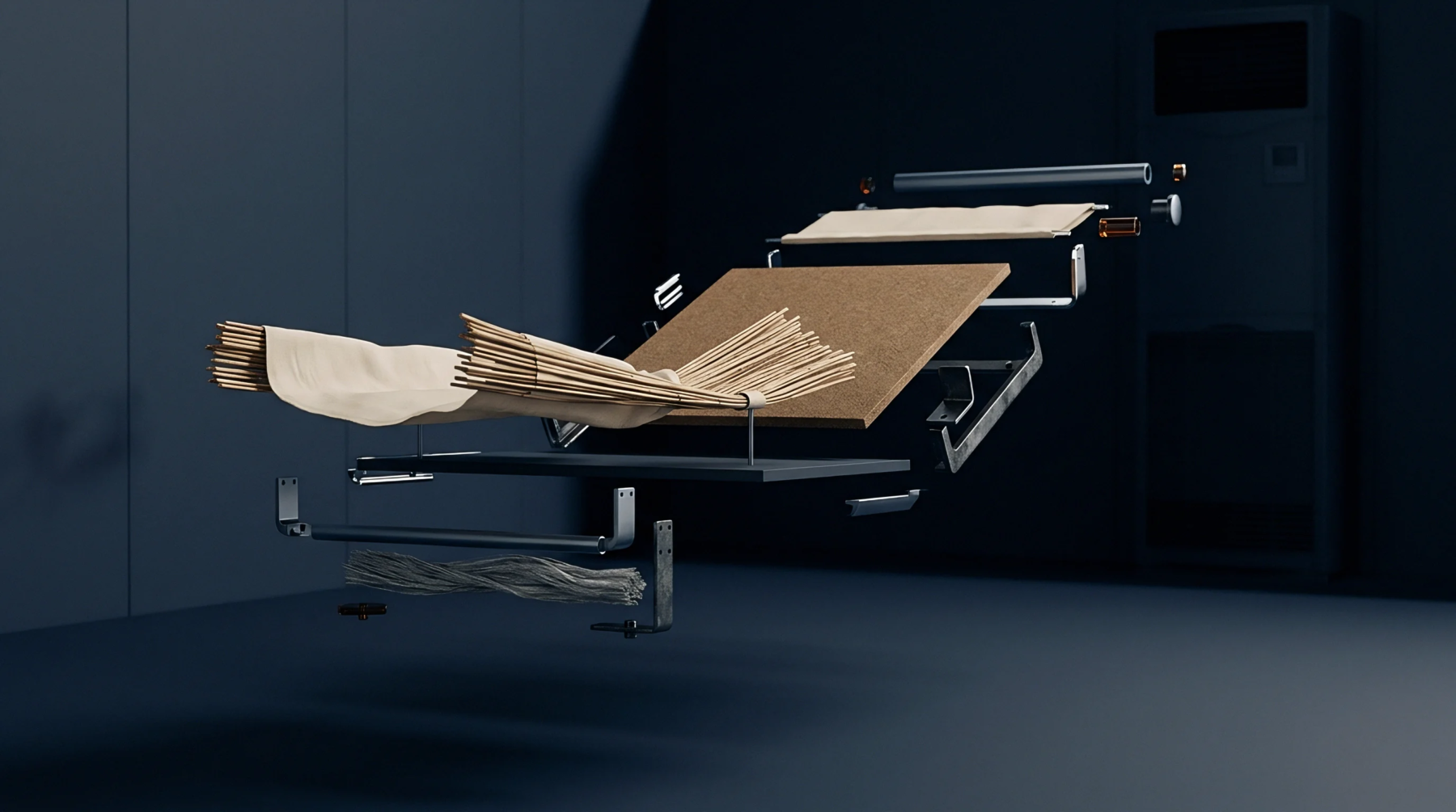 This digital render shows an exploded assembly of raw flax fibres woven fabrics and structural mechanical components floating inside a dark studio.