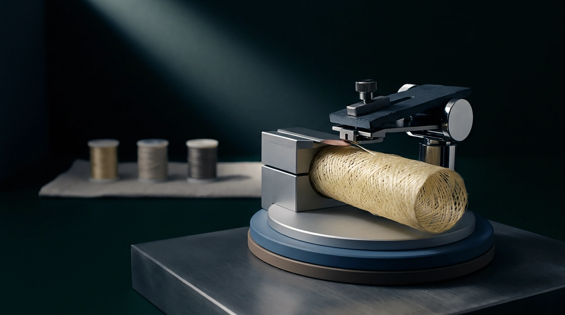 A digital render features a mechanical testing apparatus measuring a hollow cylindrical flax fiber braid positioned before three yarn spools.