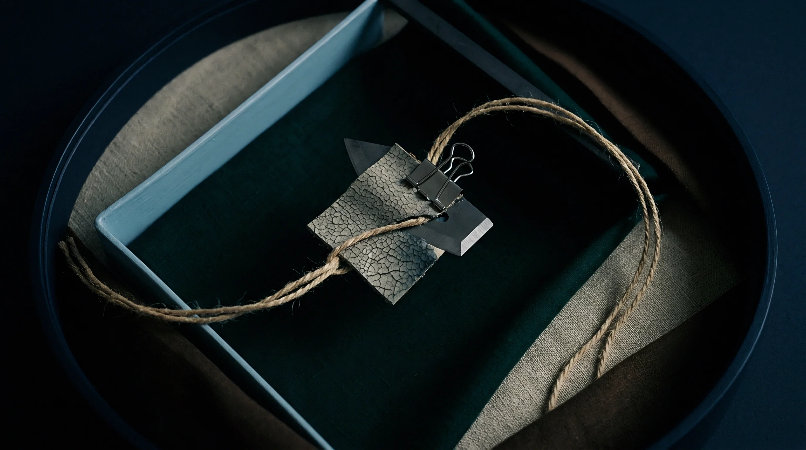 A utility blade secured with a binder clip rests upon treated flax substrate inside a teal production box.
