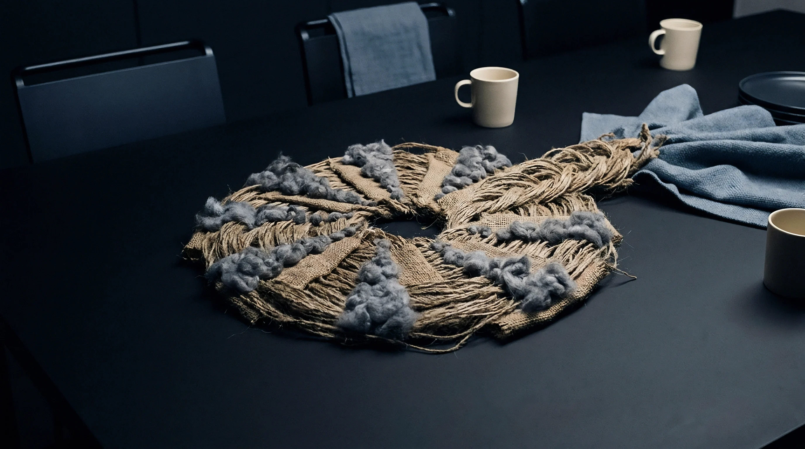 Raw flax fibers and woven burlap material are arranged in a circular formation across a dark workshop table surface.