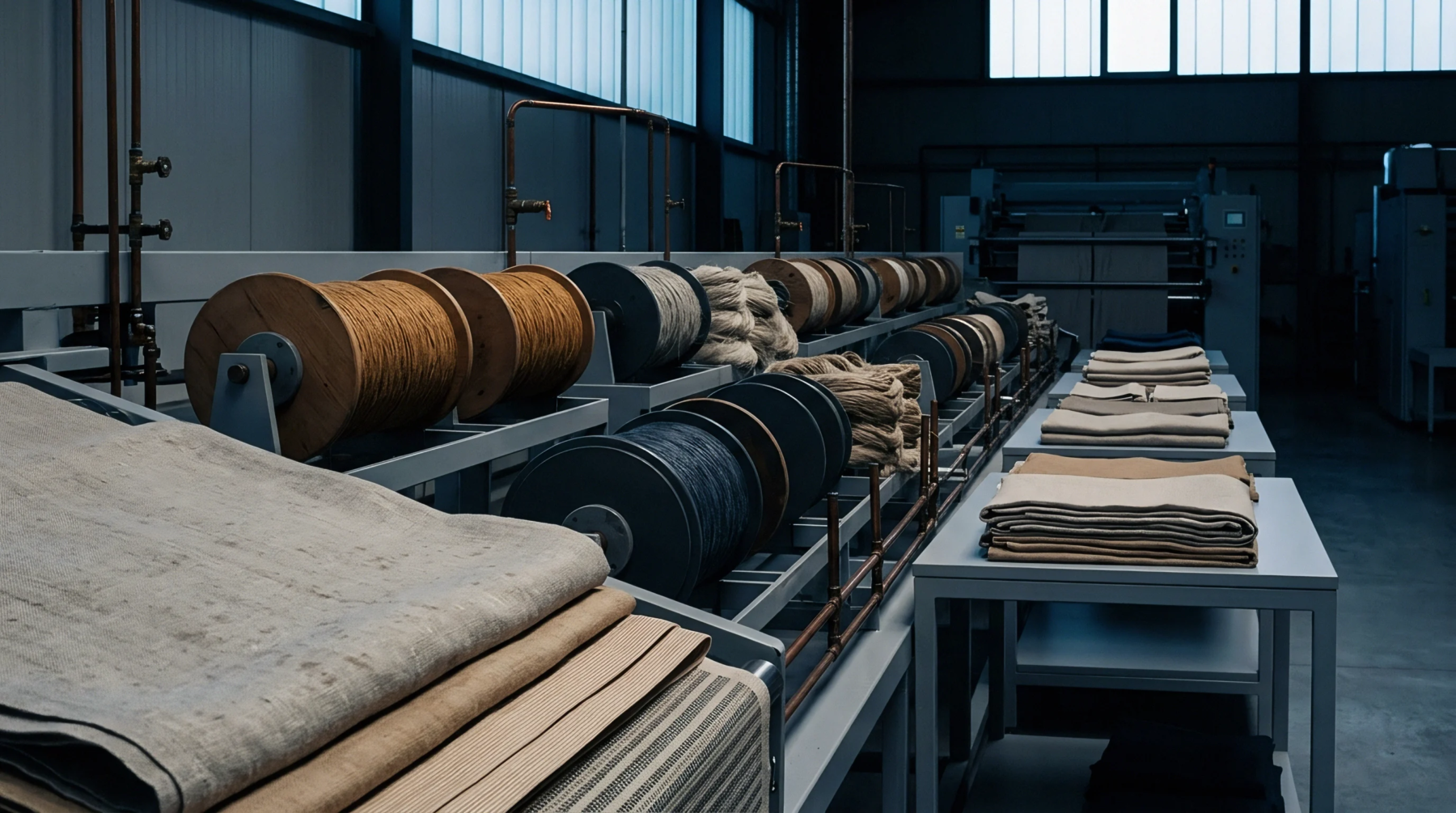 An industrial interior displays large spools of natural fiber yarn and stacks of finished woven textiles ready for distribution.