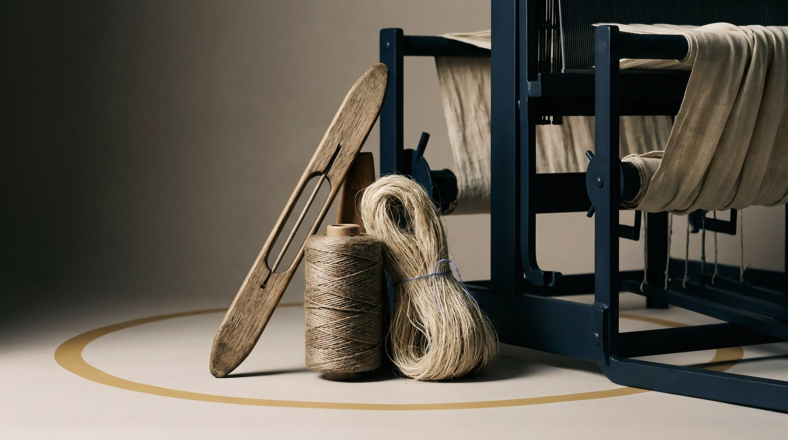 A traditional shuttle, a spindle with yarn, a bundle of raw flax fibres, and a dark-framed loom with woven cloth present the stages of linen production.