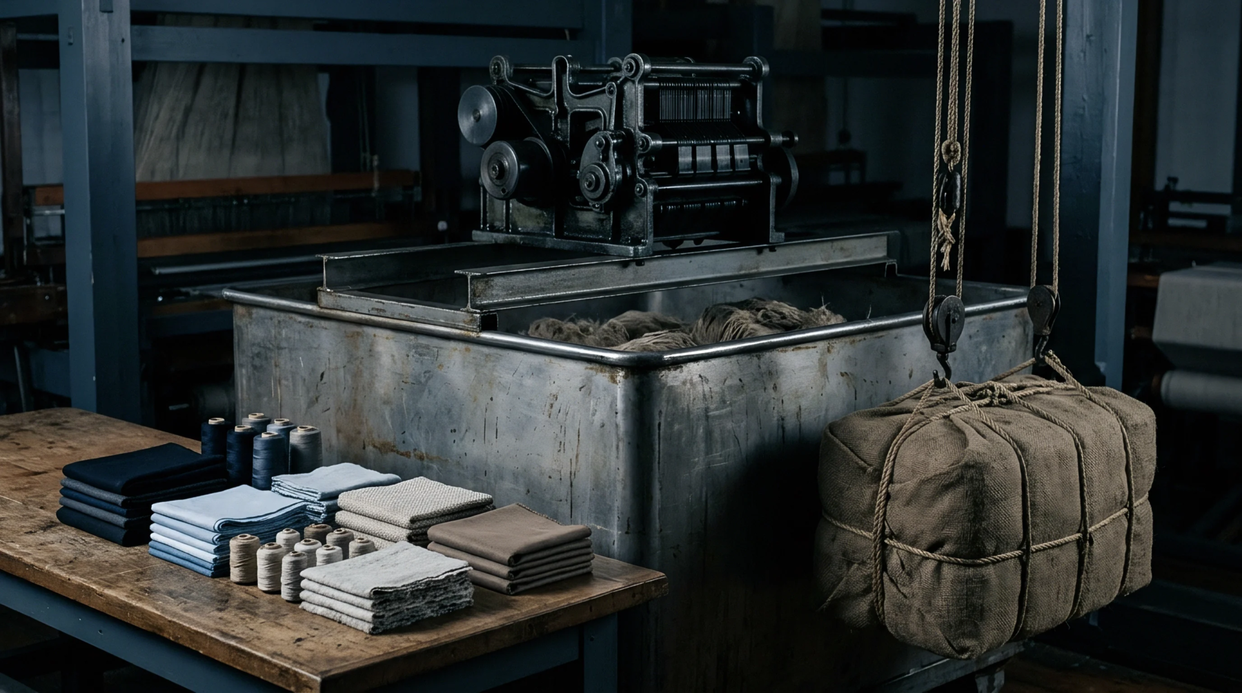 Raw flax fibers rest inside an industrial metal vat alongside stacked woven cloth and spooled yarn on a wooden workbench.