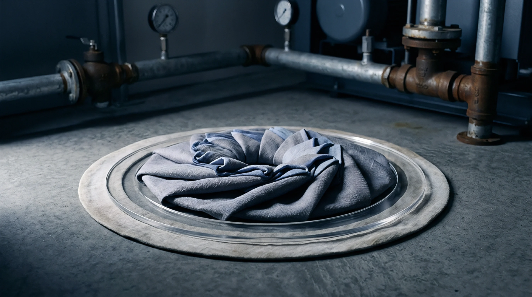 A pleated blue linen textile rests inside a transparent circular inspection hatch embedded within a heavy industrial concrete factory floor.