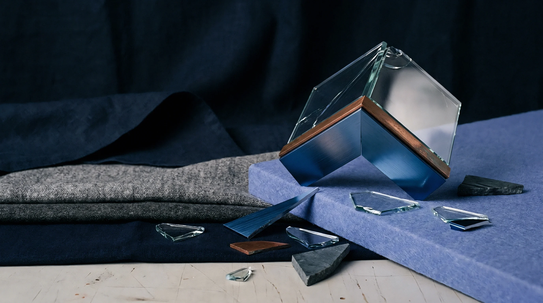 Stacked woven flax fabrics rest beside a shattered geometric glass vessel and scattered shards on a blue surface.