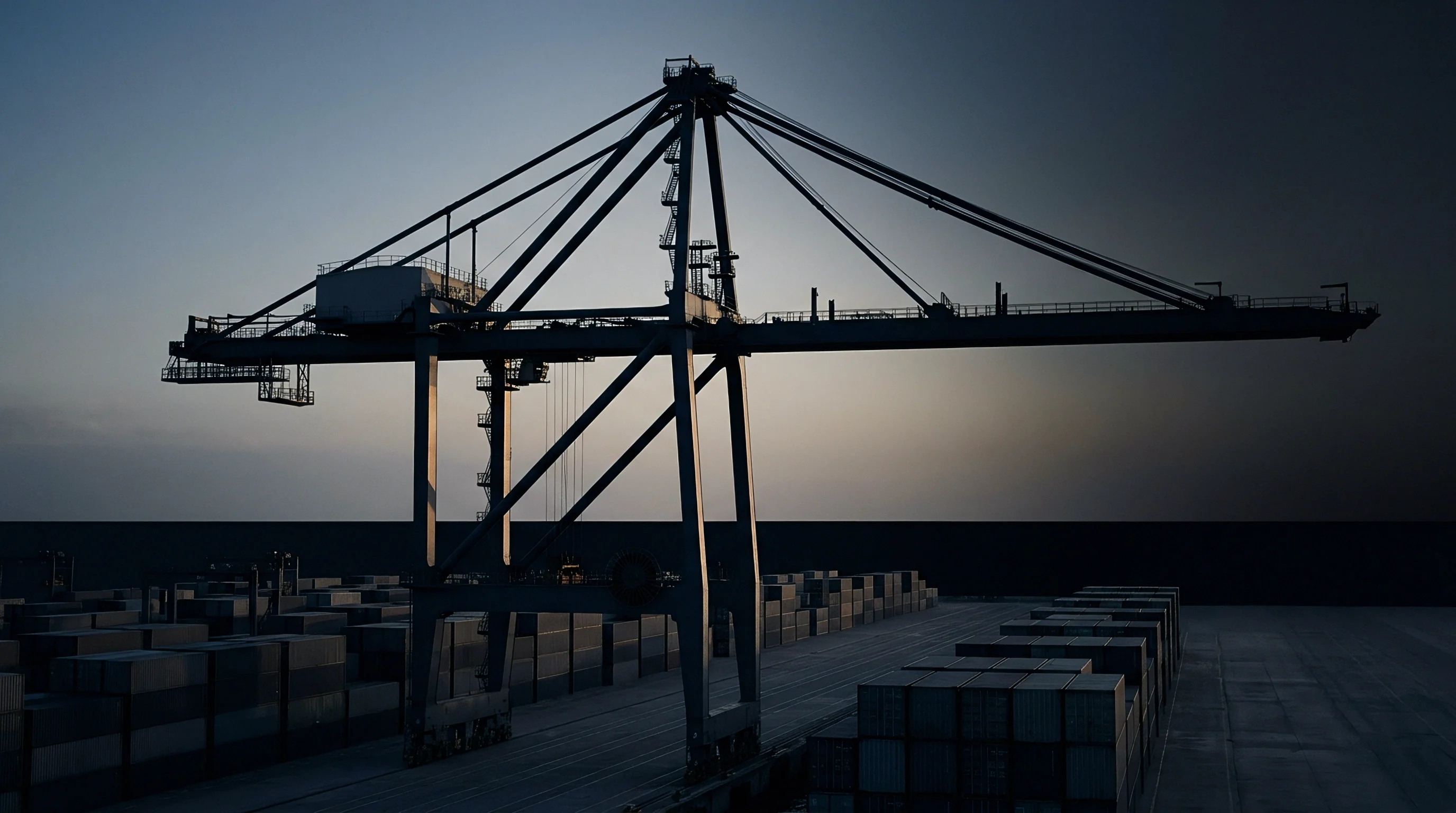 A large container gantry crane looms above stacked freight containers holding textile materials within an industrial port terminal.