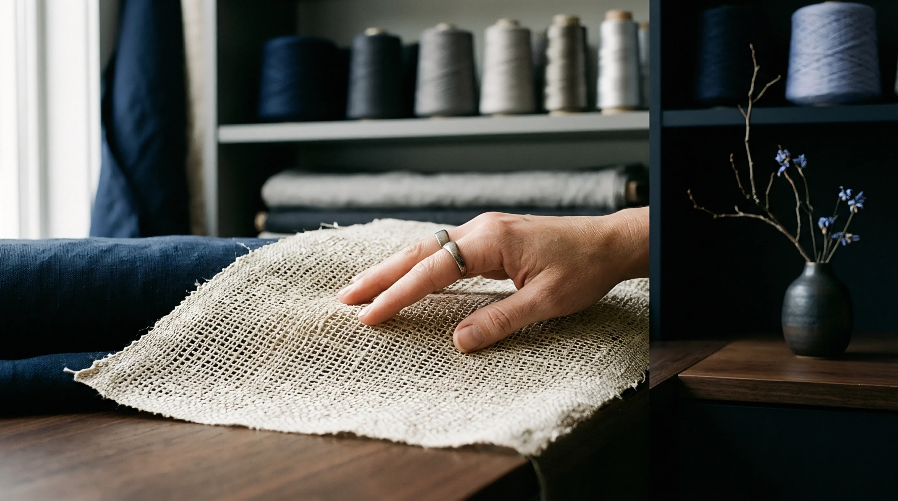 A hand rests upon a swatch of coarse woven flax fabric placed over rolled blue cloth inside a textile workshop.