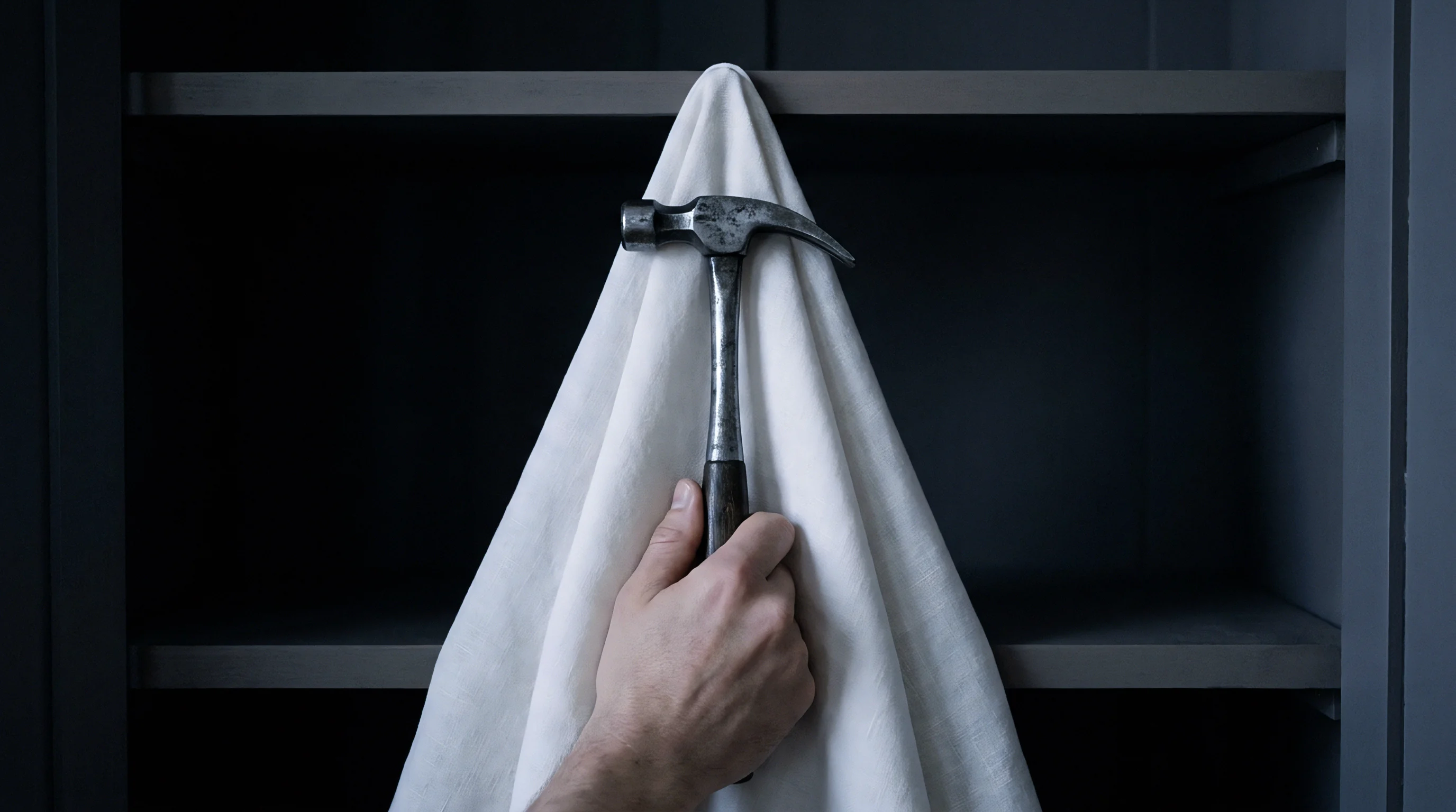 A hand holds a metal claw hammer vertically against a draped heavy white linen cloth positioned within a dark grey wooden shelving unit.