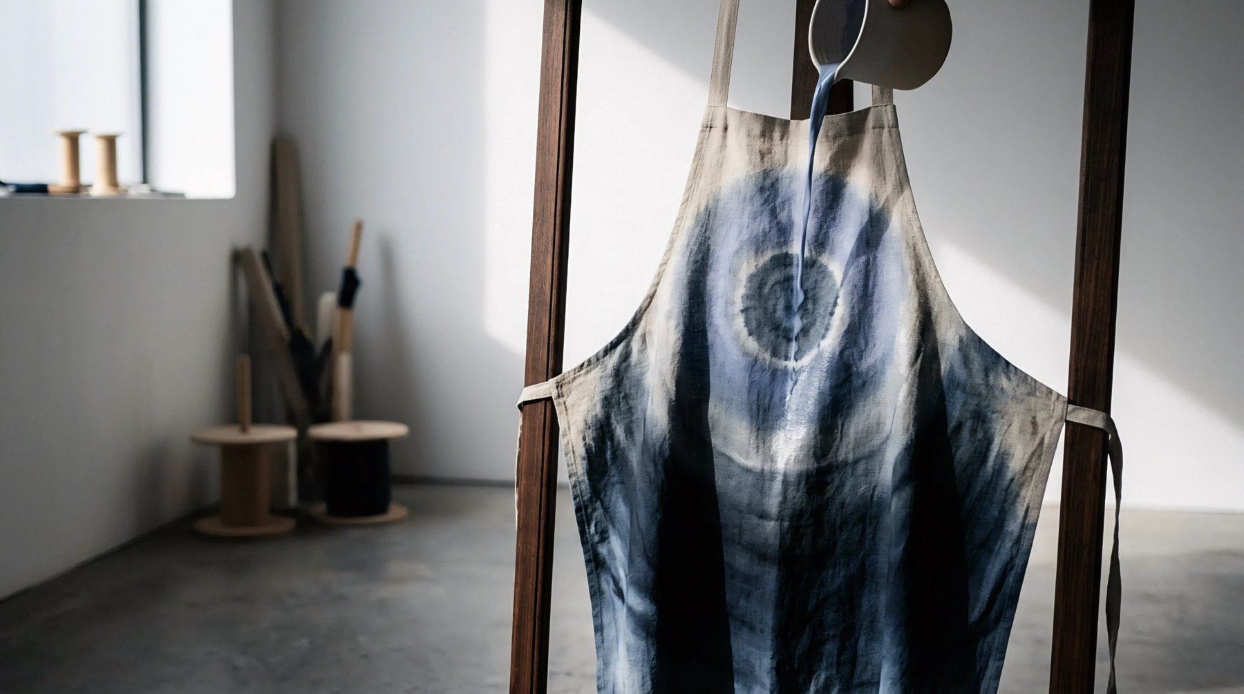 Liquid indigo cascades from a ceramic vessel onto the circular resist dyed pattern of a linen apron hung on a wooden frame.
