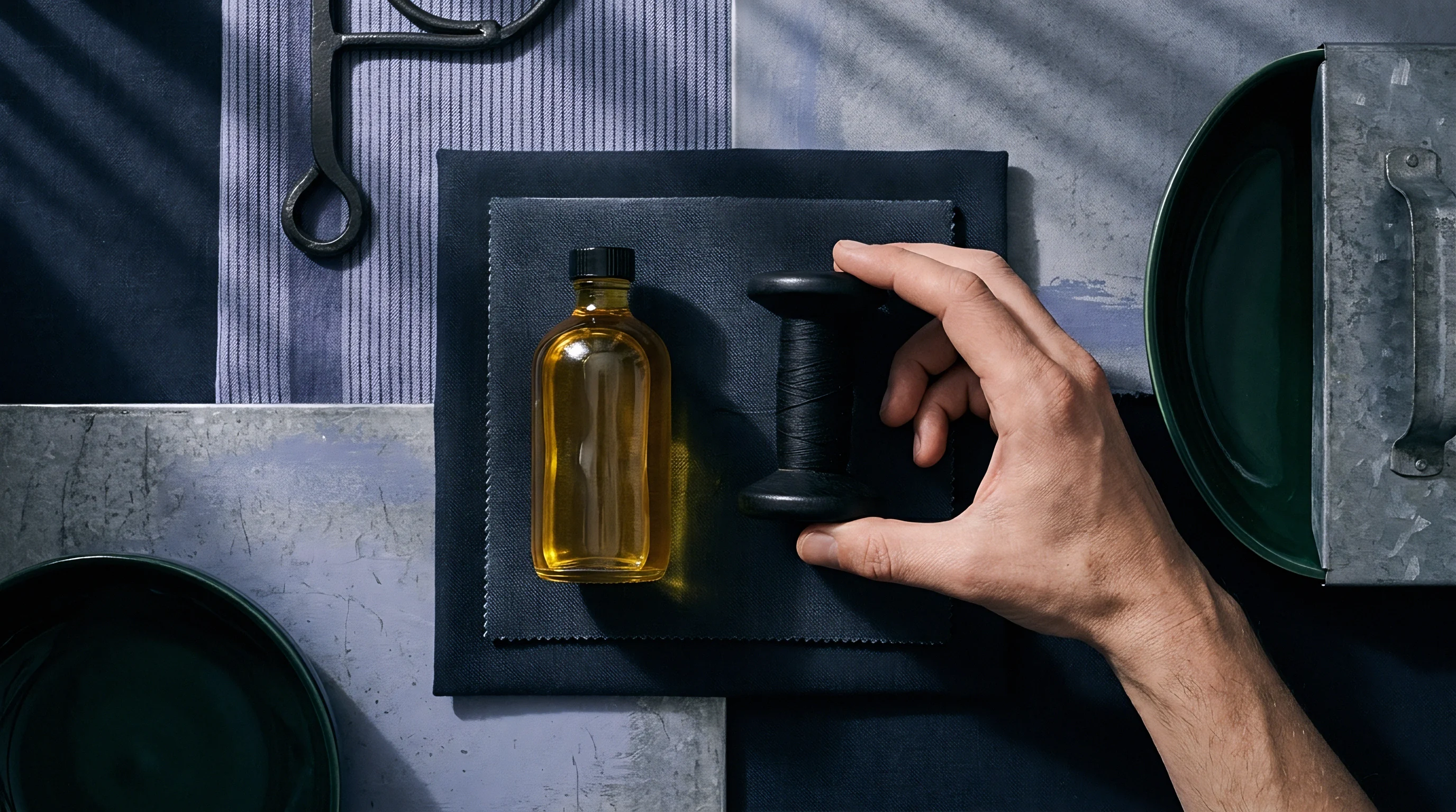 A human hand touches a black wooden spool of thread resting beside a glass bottle of amber oil on dark fabric swatches.