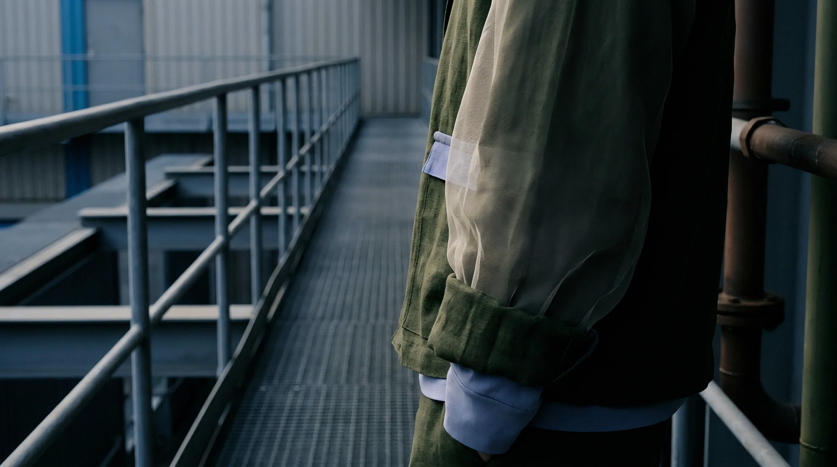 A textured green flax jacket features mesh sleeve overlays and lilac cuffs positioned on a steel industrial walkway with vertical metal railings.