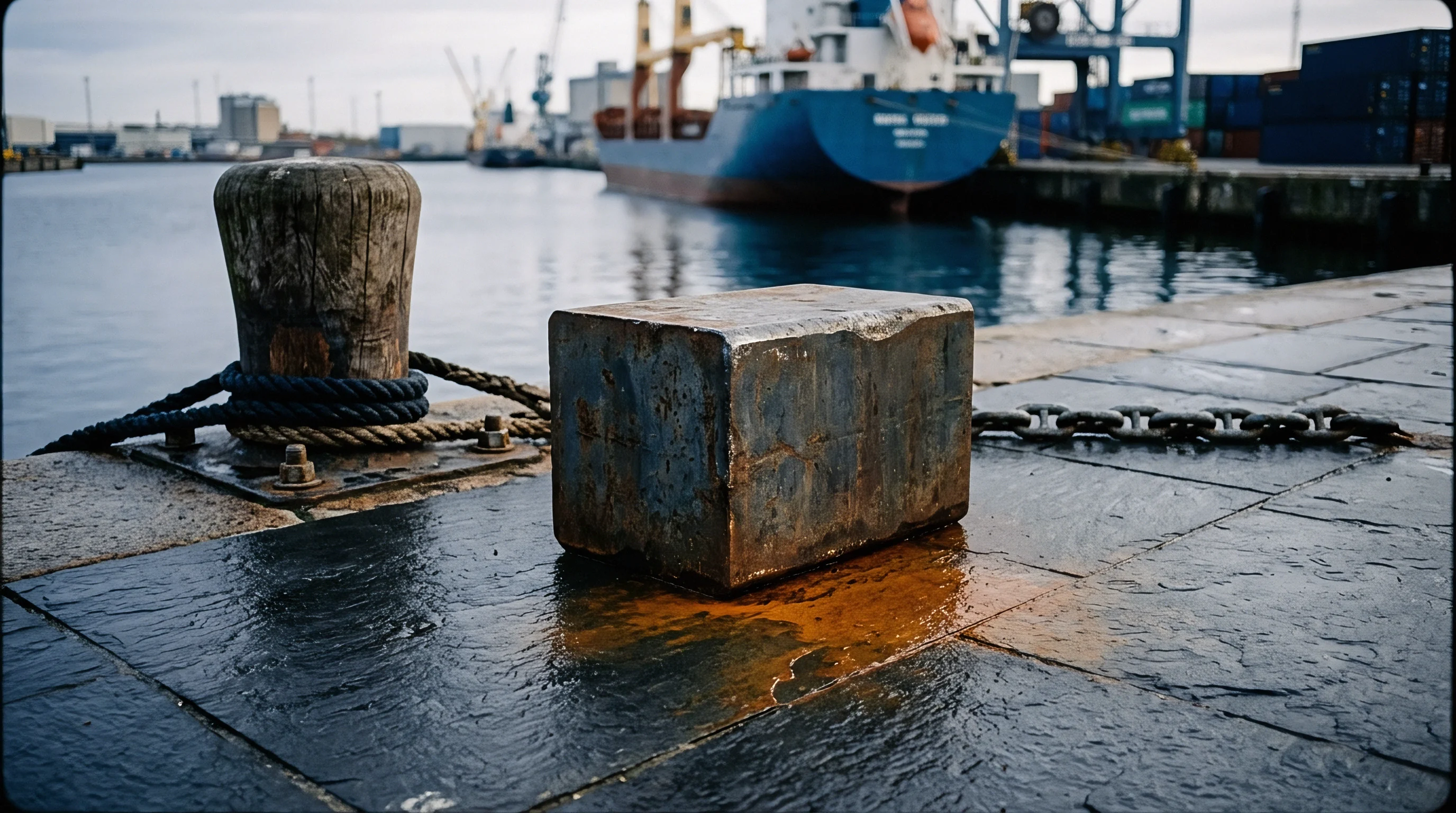 Cast iron ballast weight rests on wet stone quay beside industrial harbor water during raw material transit.
