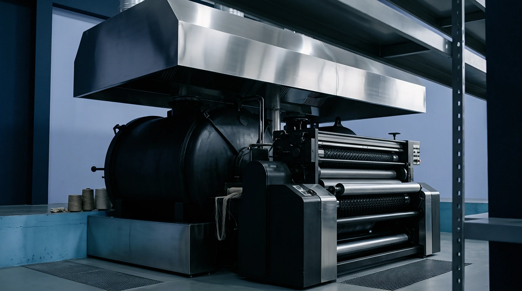 Heavy industrial textile machinery featuring a large cylindrical treatment vessel and steel rollers sits inside a production facility.