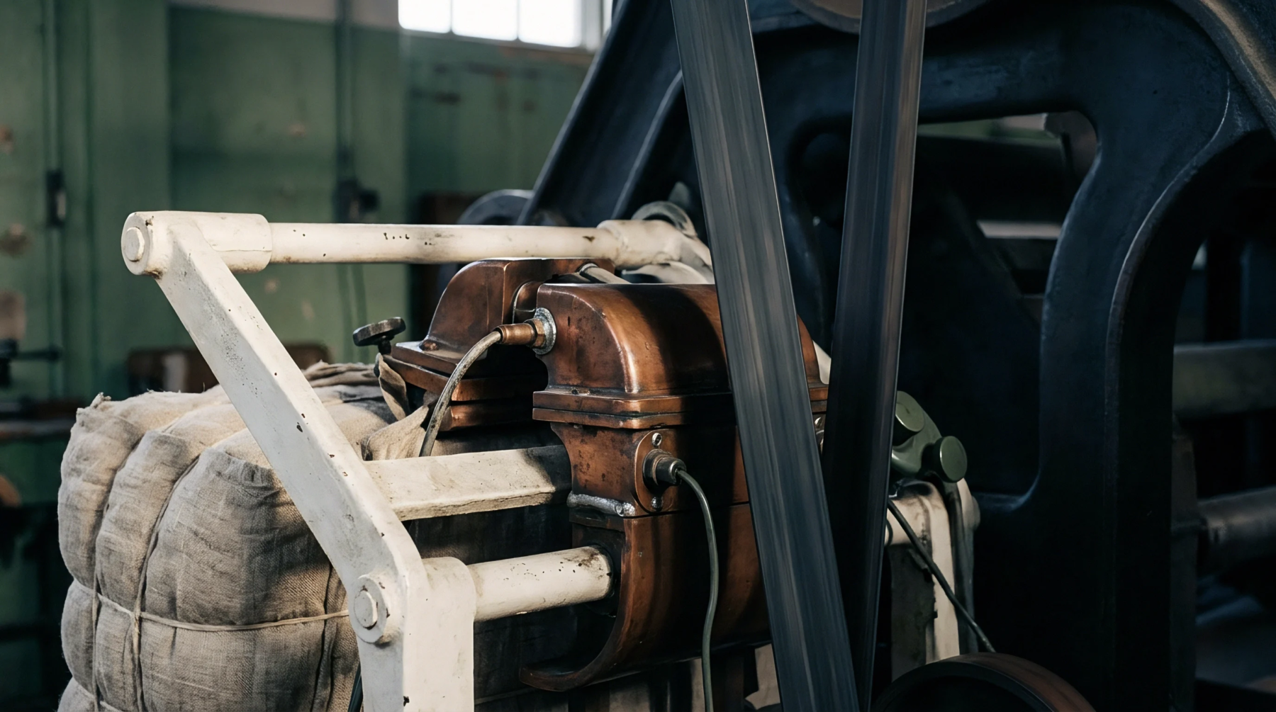 Raw flax fiber wrapped in coarse hessian sits beside heavy industrial machinery with copper housings inside a textile production facility.