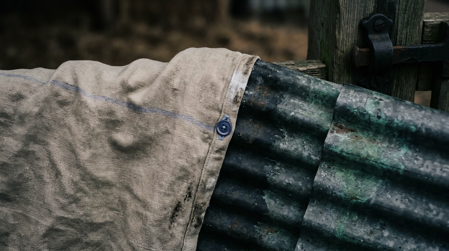 Heavy woven linen cloth with a singular button rests upon the oxidized surface of a weathered corrugated iron panel used in agricultural fencing.