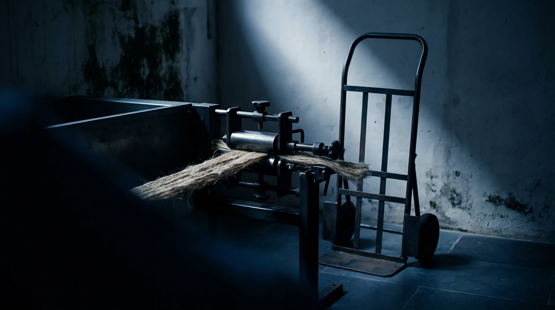 Bast fibre raw material passes through metal rollers of a mechanical processing machine positioned inside a dark stone workshop.
