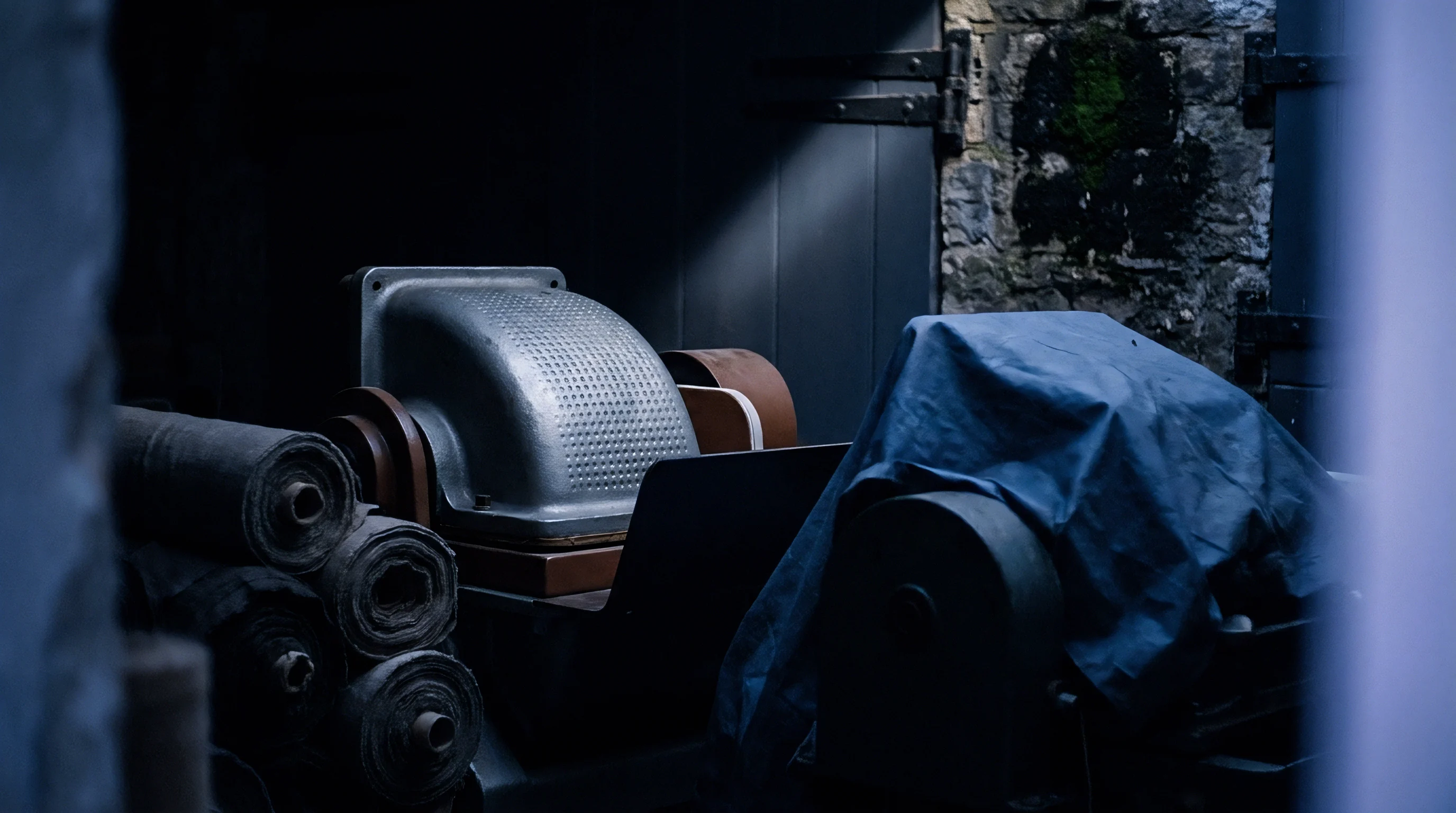 Heavy industrial machinery and stacked rolls of woven cloth occupy a dimly lit stone textile mill workspace.