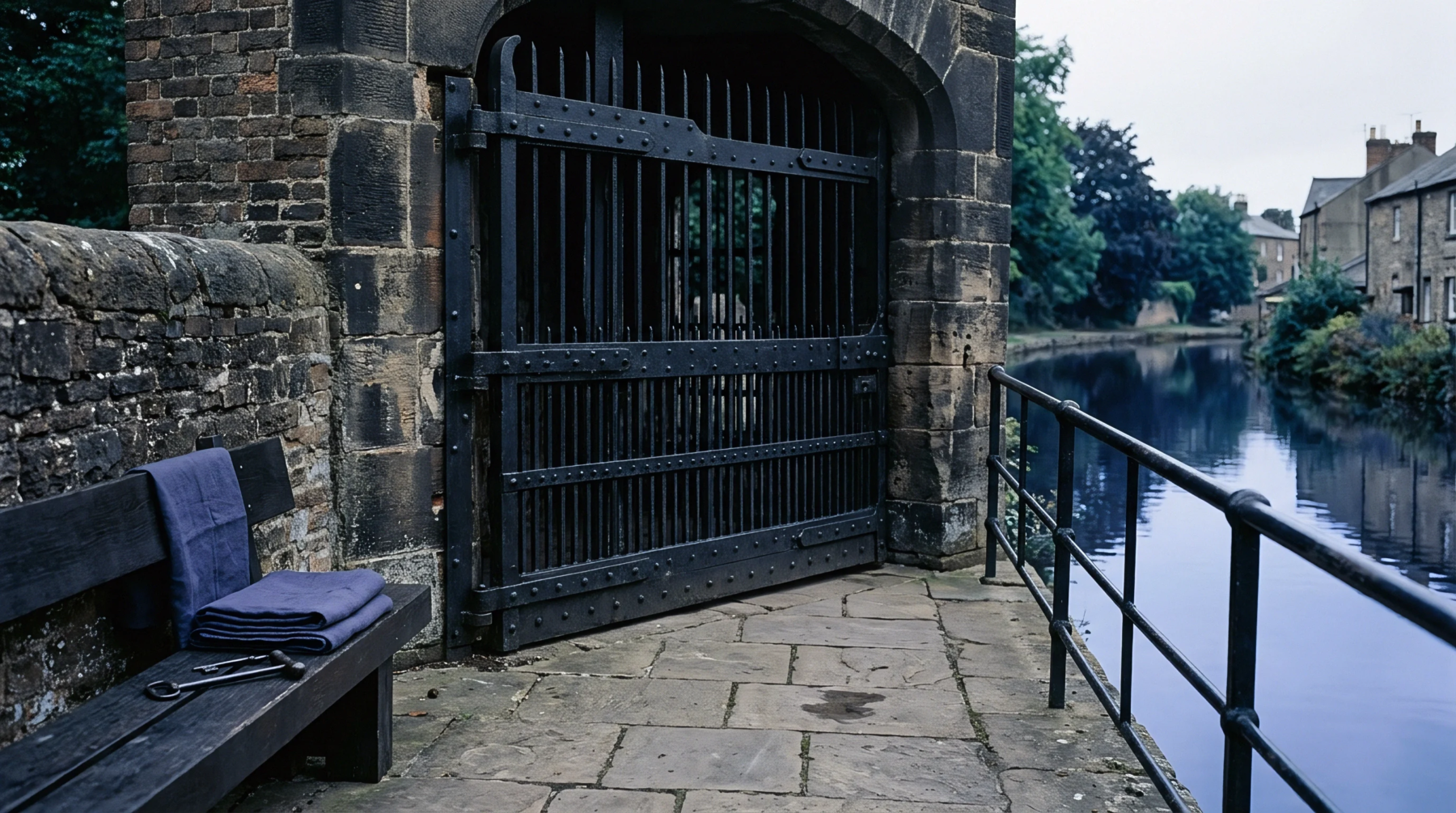 A folded blue linen textile rests upon a weathered timber bench beside a heavy iron sluice gate and stone canal wall.