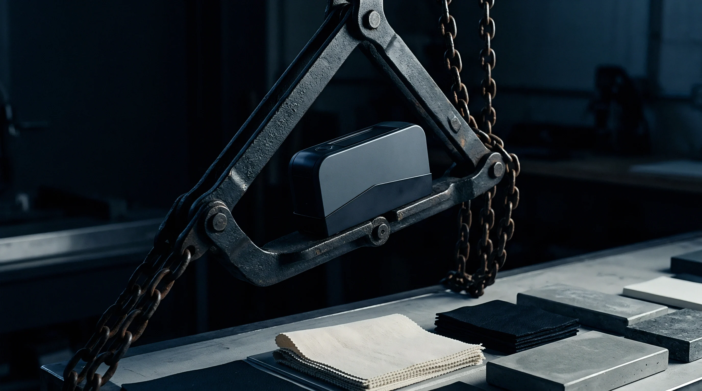 A heavy industrial clamp suspends a dark device over samples of woven cloth and raw fibre materials on a metal surface.
