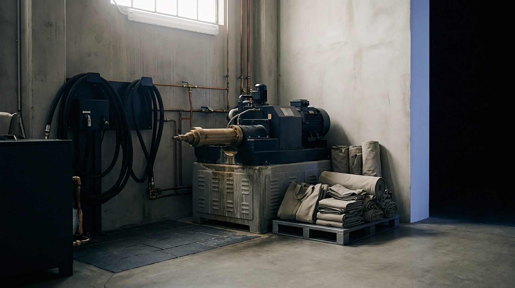 Heavy industrial machinery and stacked bundles of woven plant fiber sit inside a concrete production workshop alongside mounted rubber hoses.