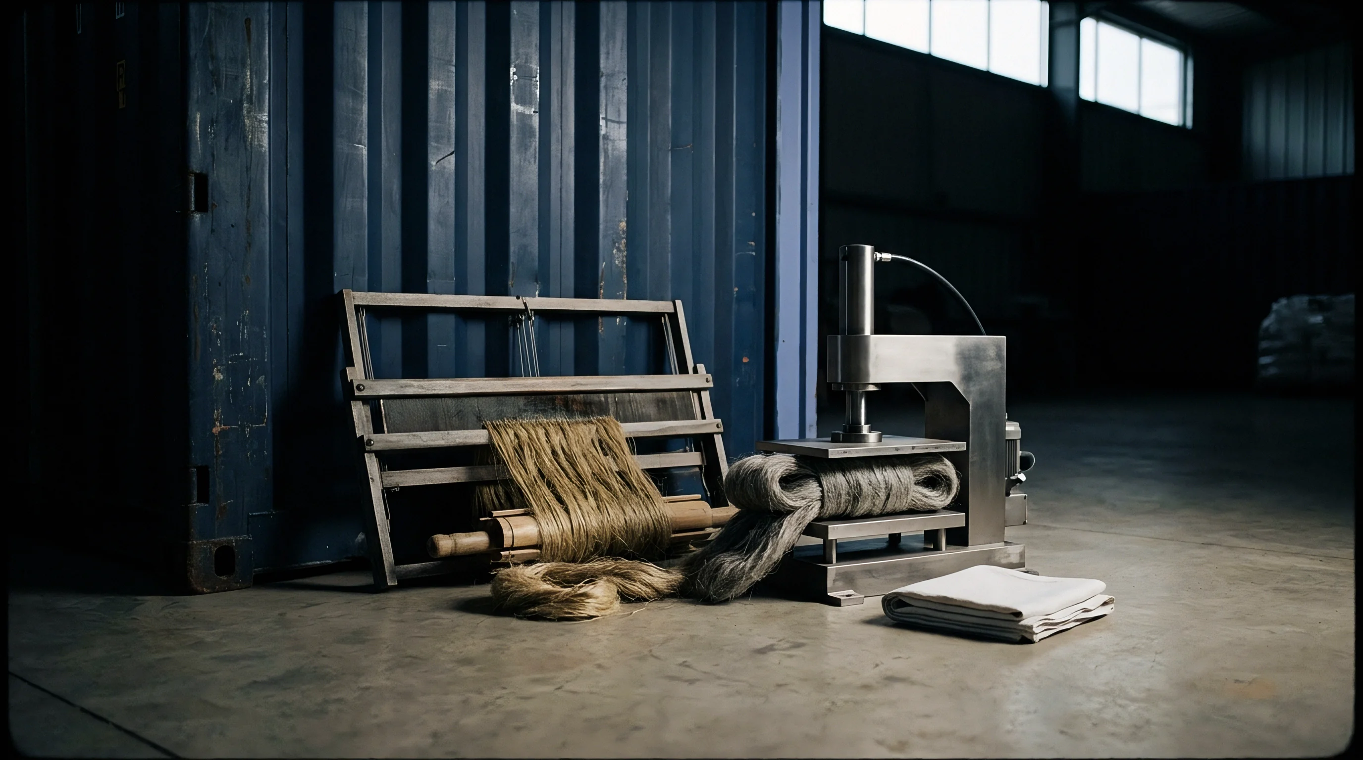 Raw flax hanks rest beside an industrial press and a handloom frame within a storage container facility.