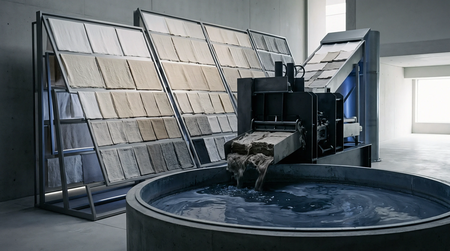 Racks of neutral woven linen fabric stand beside an industrial machine feeding fibrous flax into a concrete water vat inside a concrete facility.