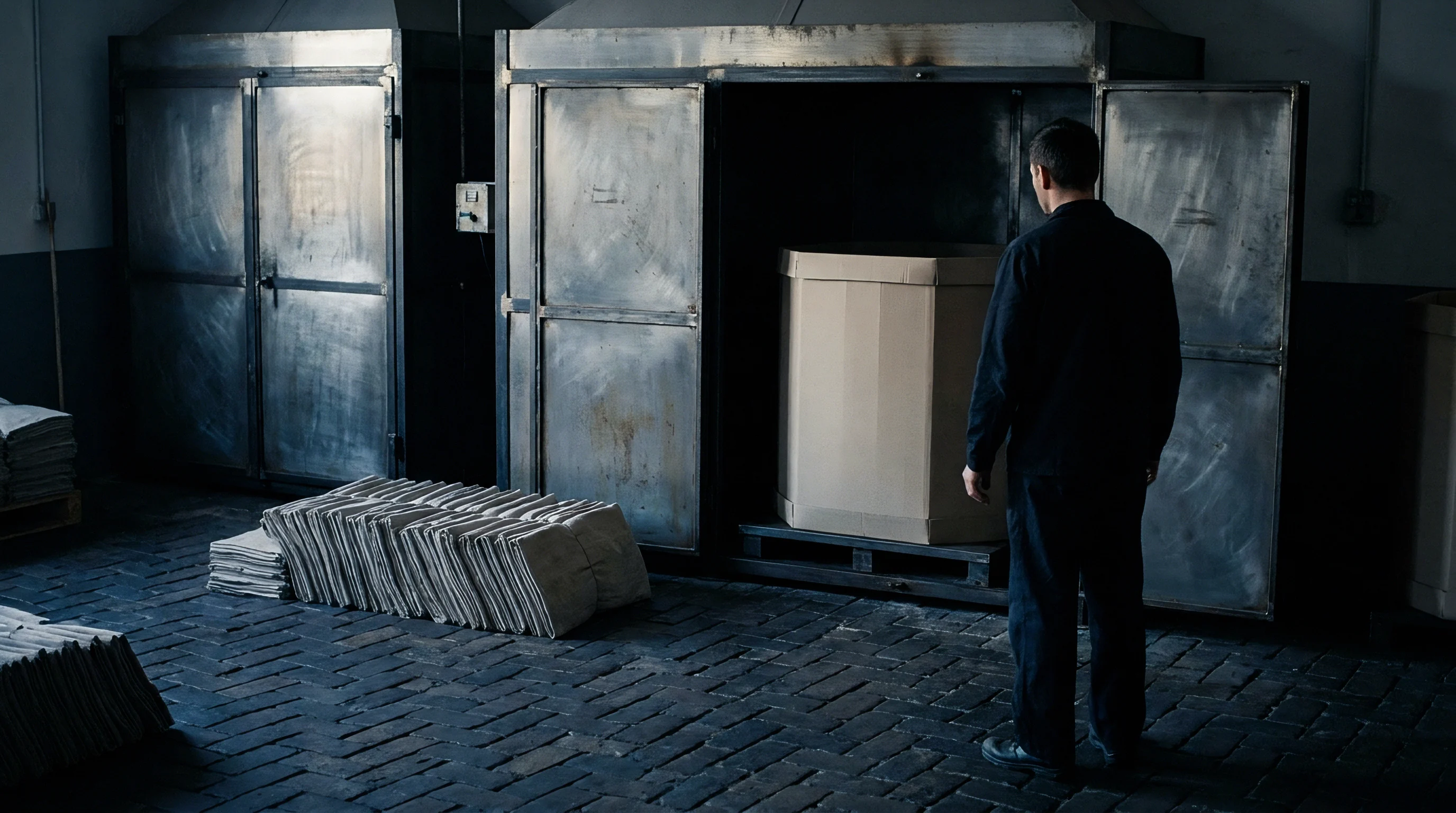 A production worker stands before an open industrial metal thermal chamber containing a compressed flax batch inside a dark brick textile mill.